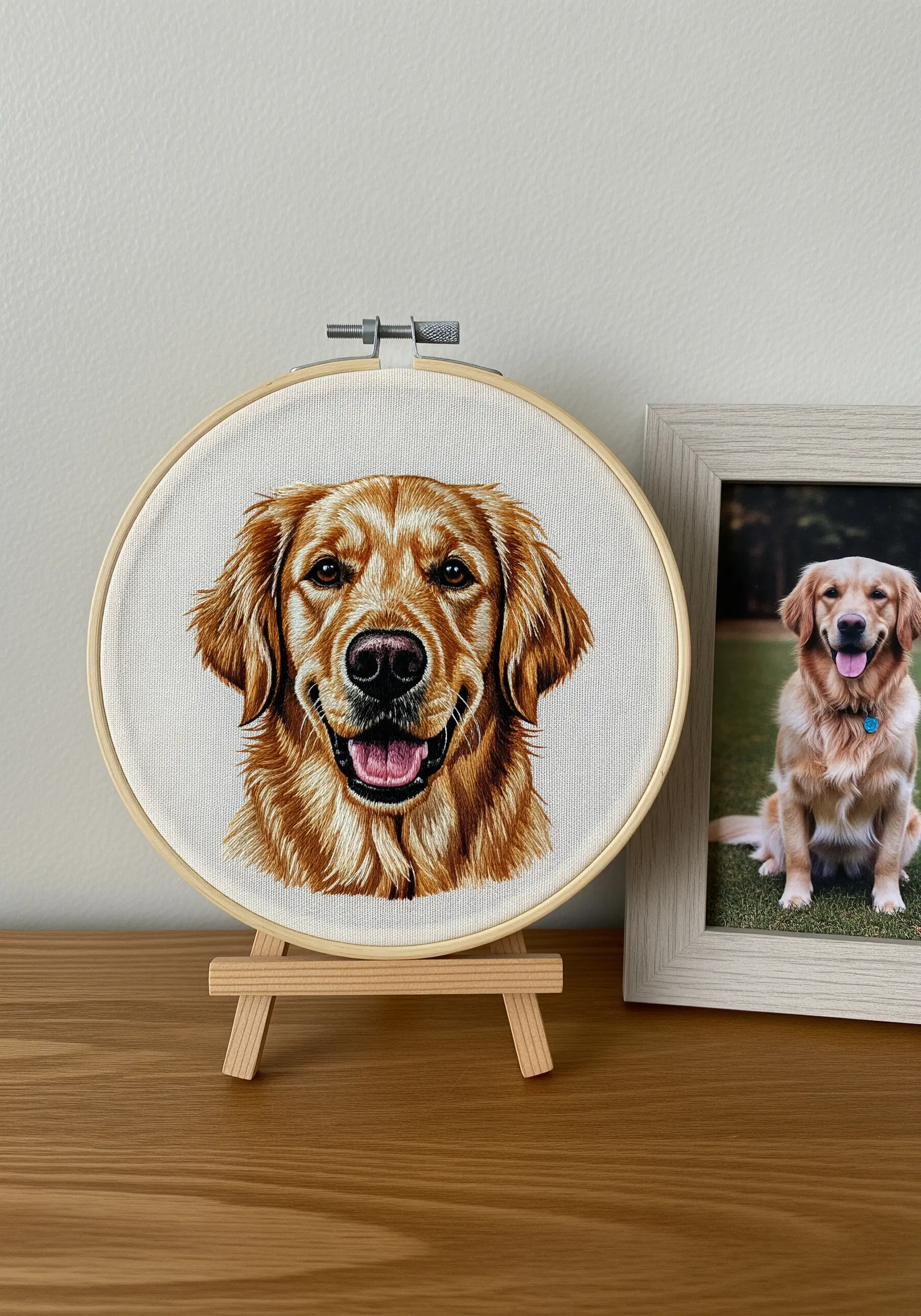 A hyper-realistic embroidered portrait of a golden retriever in a wooden hoop.