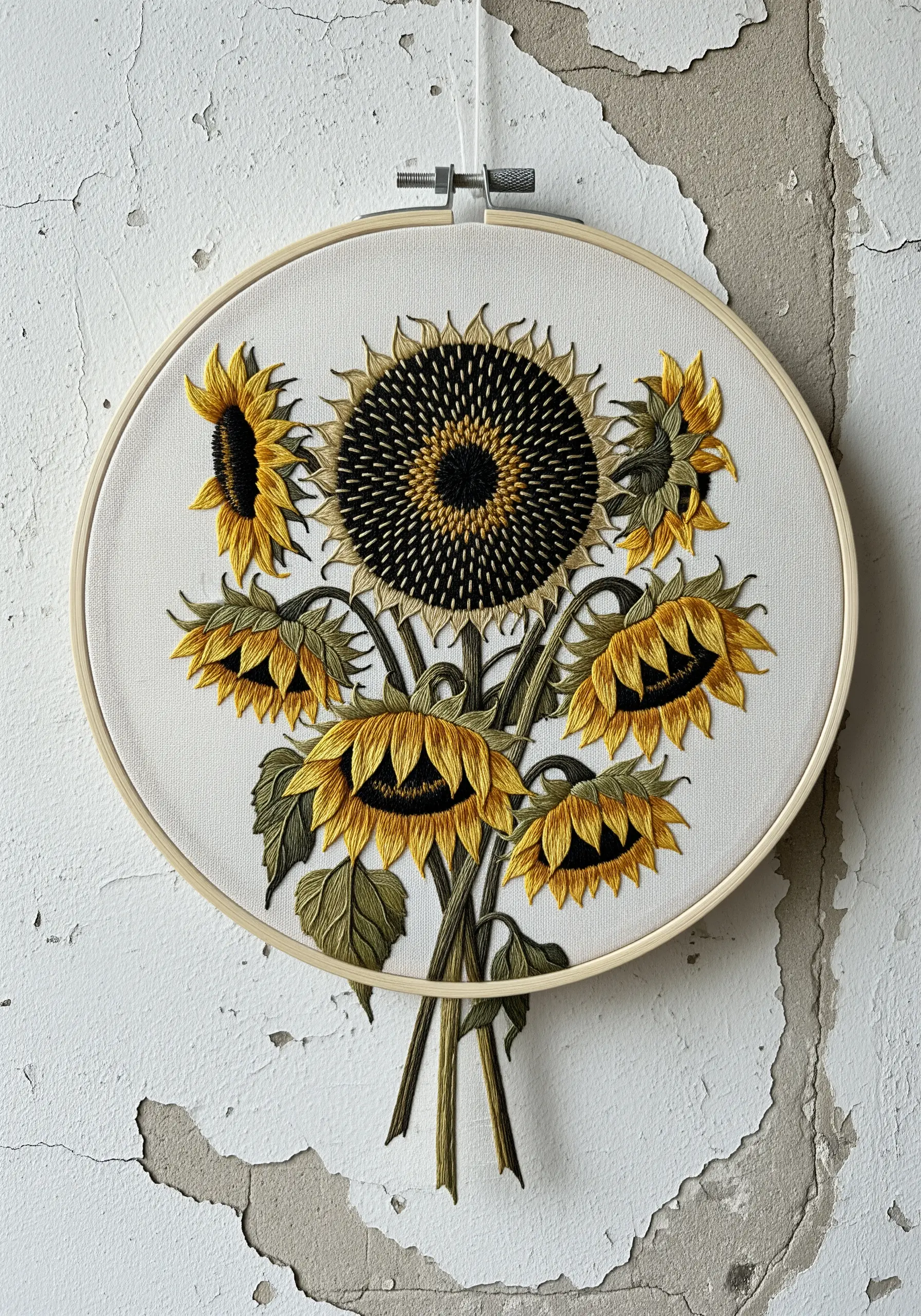 Vibrant embroidery of a sunflower bouquet with detailed seed heads