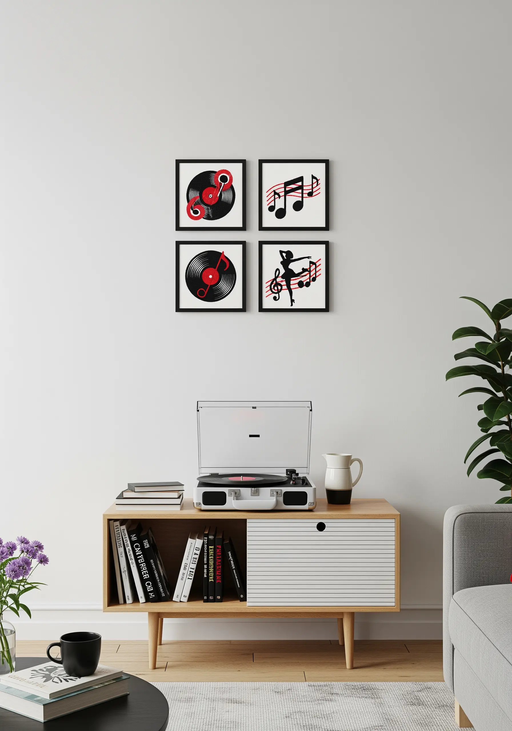 Four framed black, white, and red embroidery pieces with musical themes above a record player