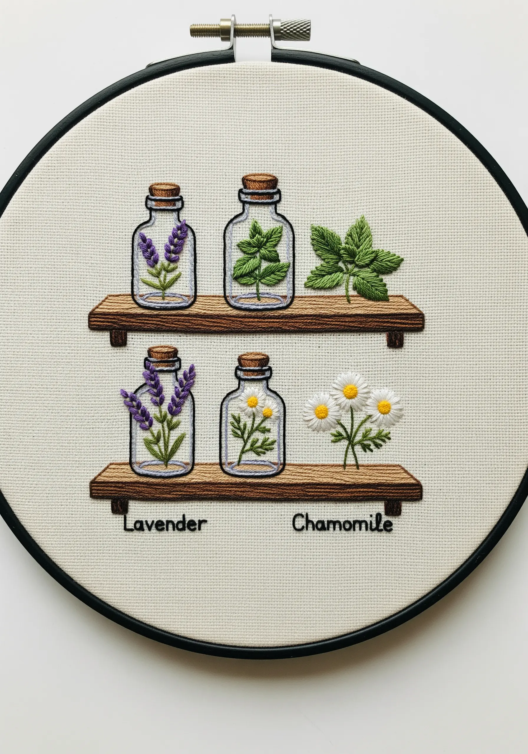 Embroidery of tiny apothecary jars on shelves, containing lavender, mint, and chamomile.