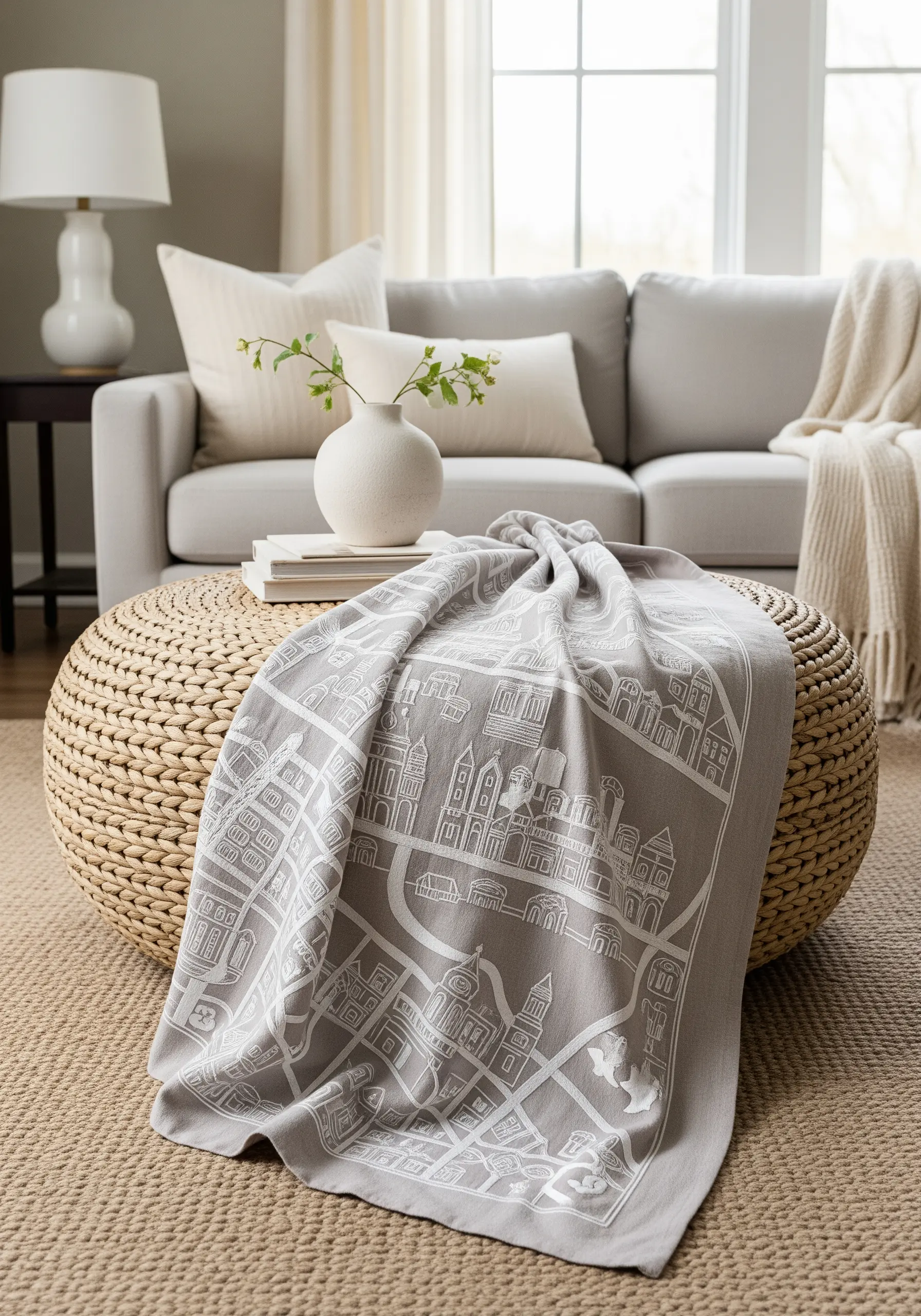 An illustrated city map embroidered in white thread on a grey throw blanket.