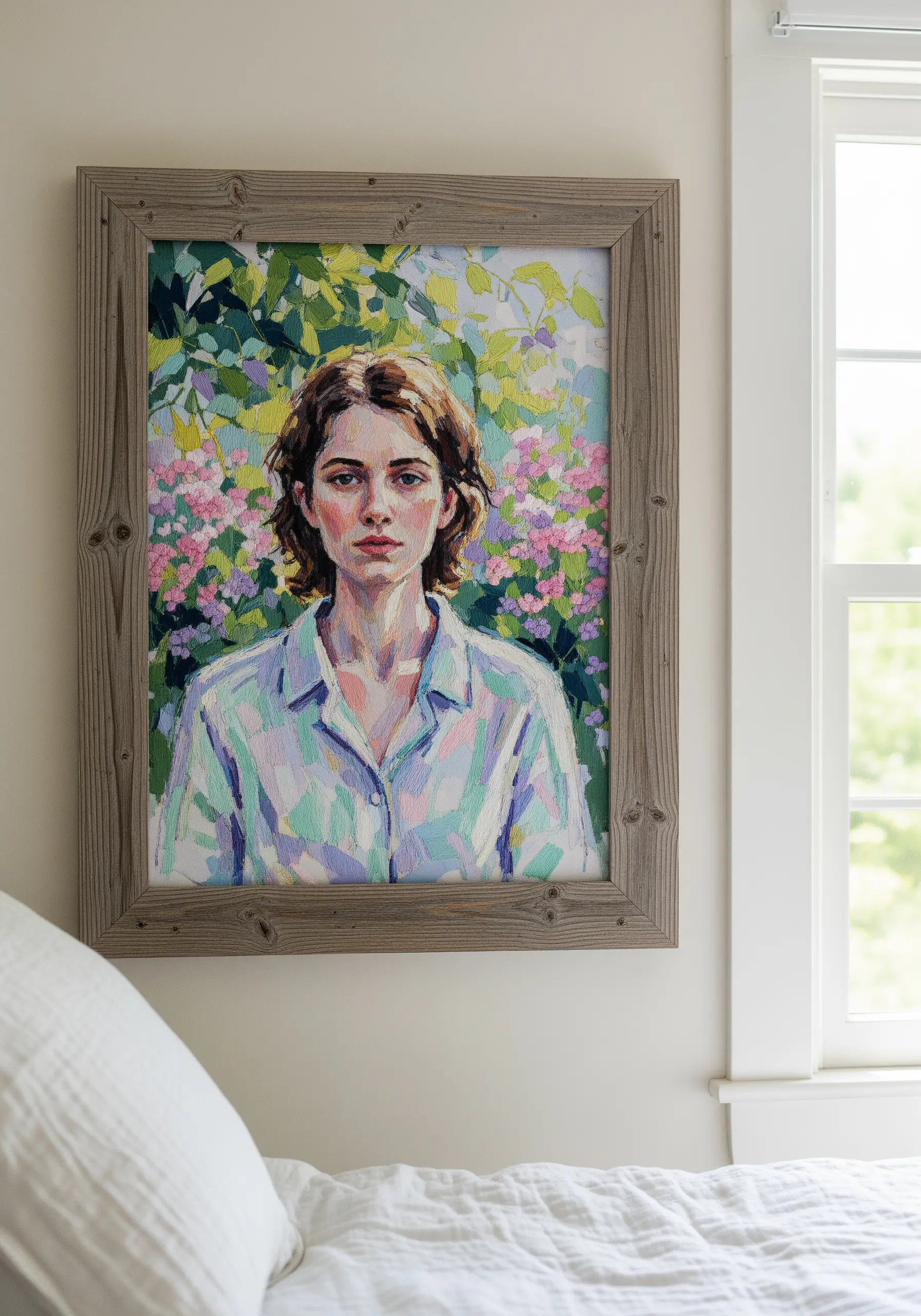 An impressionistic embroidered portrait of a woman surrounded by soft, colorful foliage.