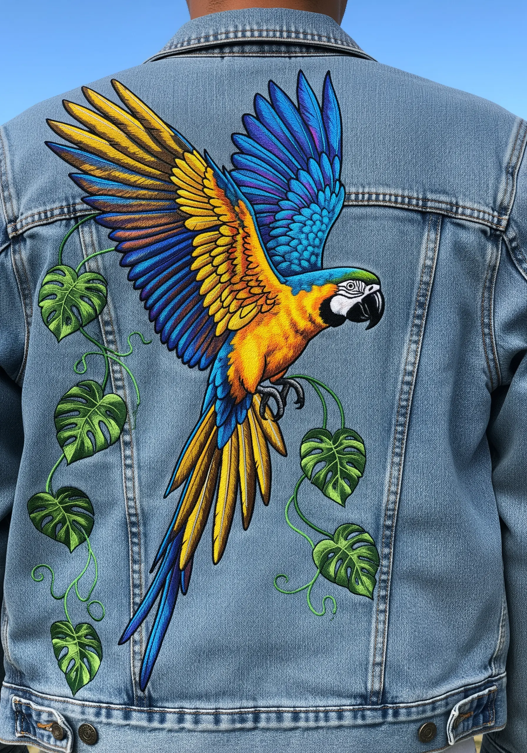 A blue-and-yellow macaw in flight, wings spread wide, embroidered on a denim jacket.