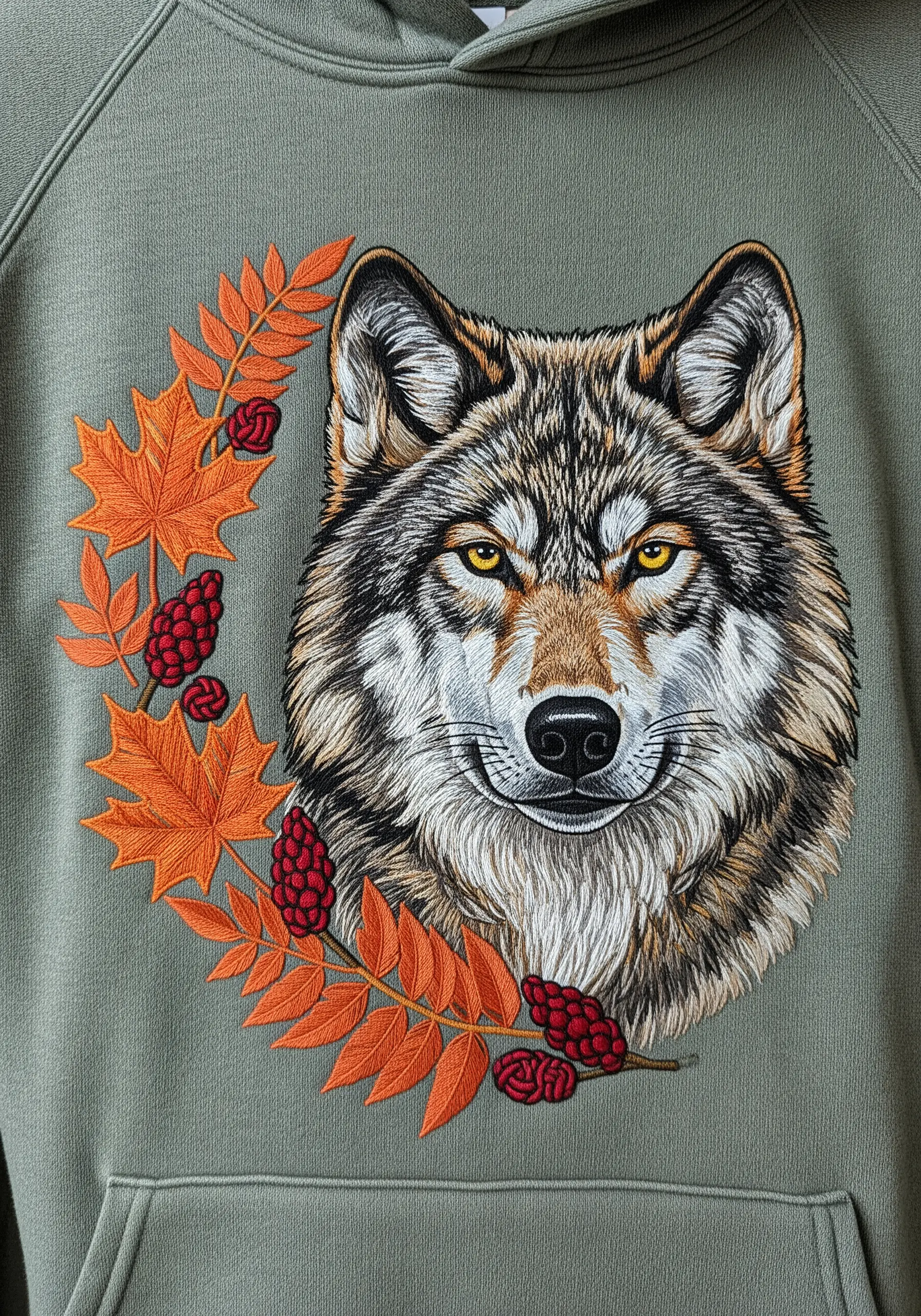 A detailed embroidered portrait of a wolf with intense yellow eyes on a green hoodie.
