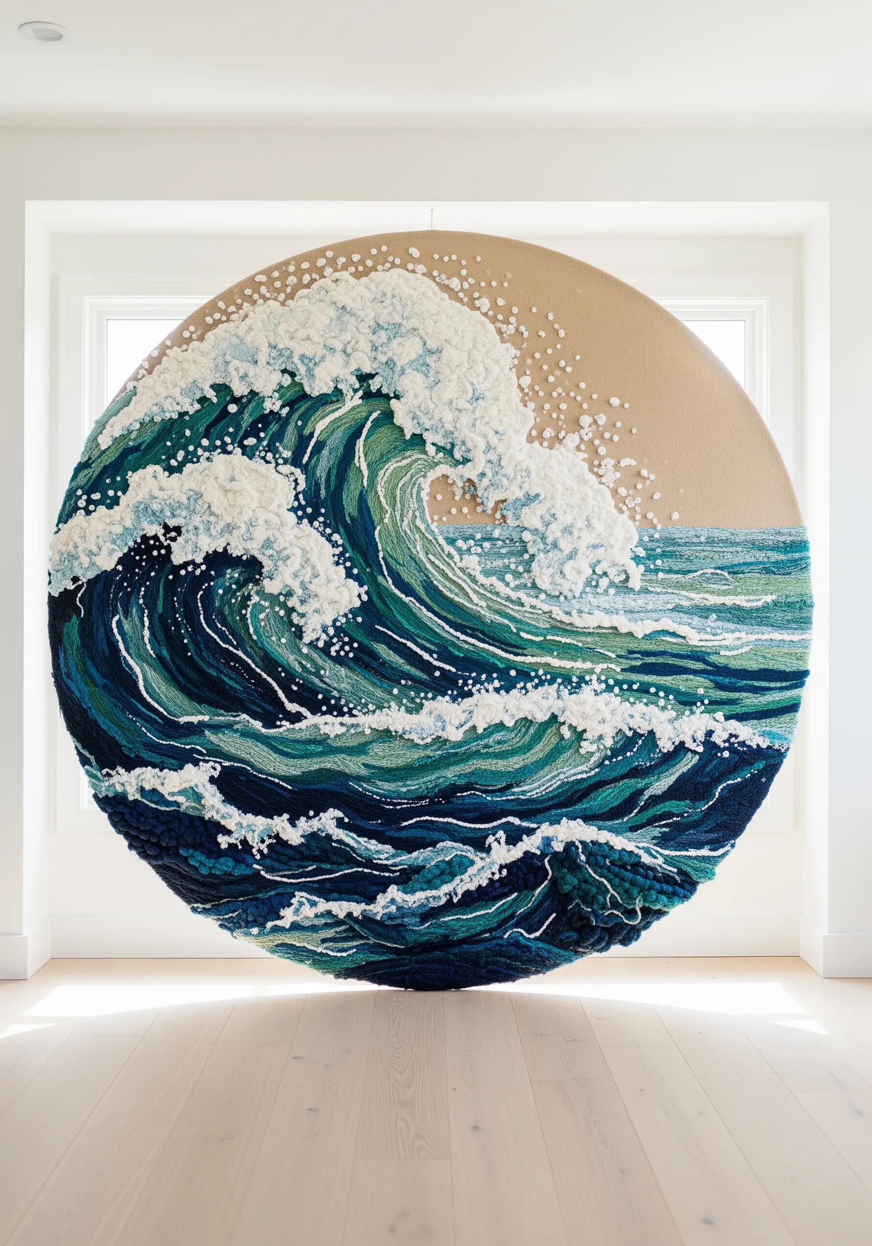 A large, round fiber art piece depicting a cresting ocean wave in shades of blue and white.