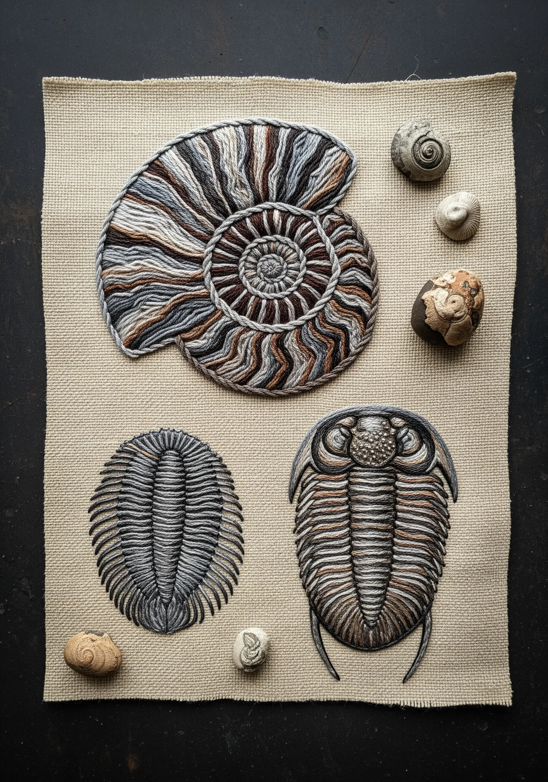 Embroidered fossils, including an ammonite, on a coarse linen or burlap fabric.