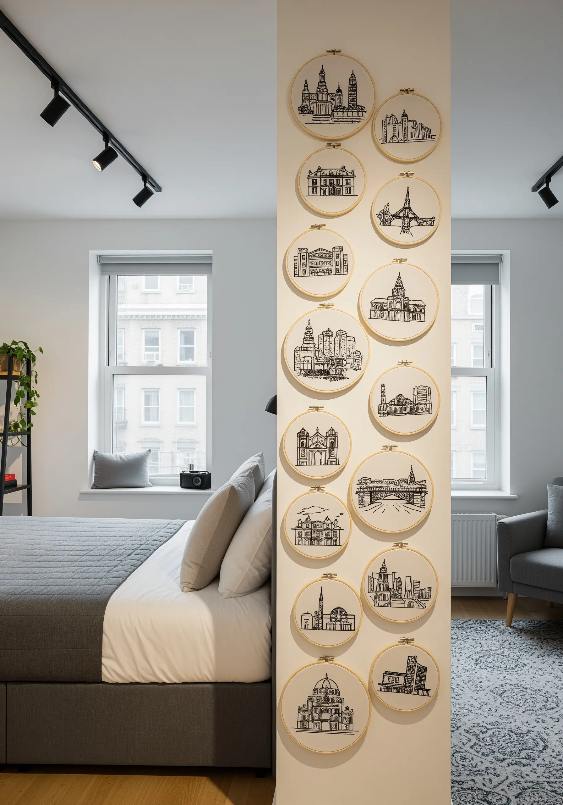 A collection of architectural line art embroidery hoops arranged on a structural pillar in a bedroom.