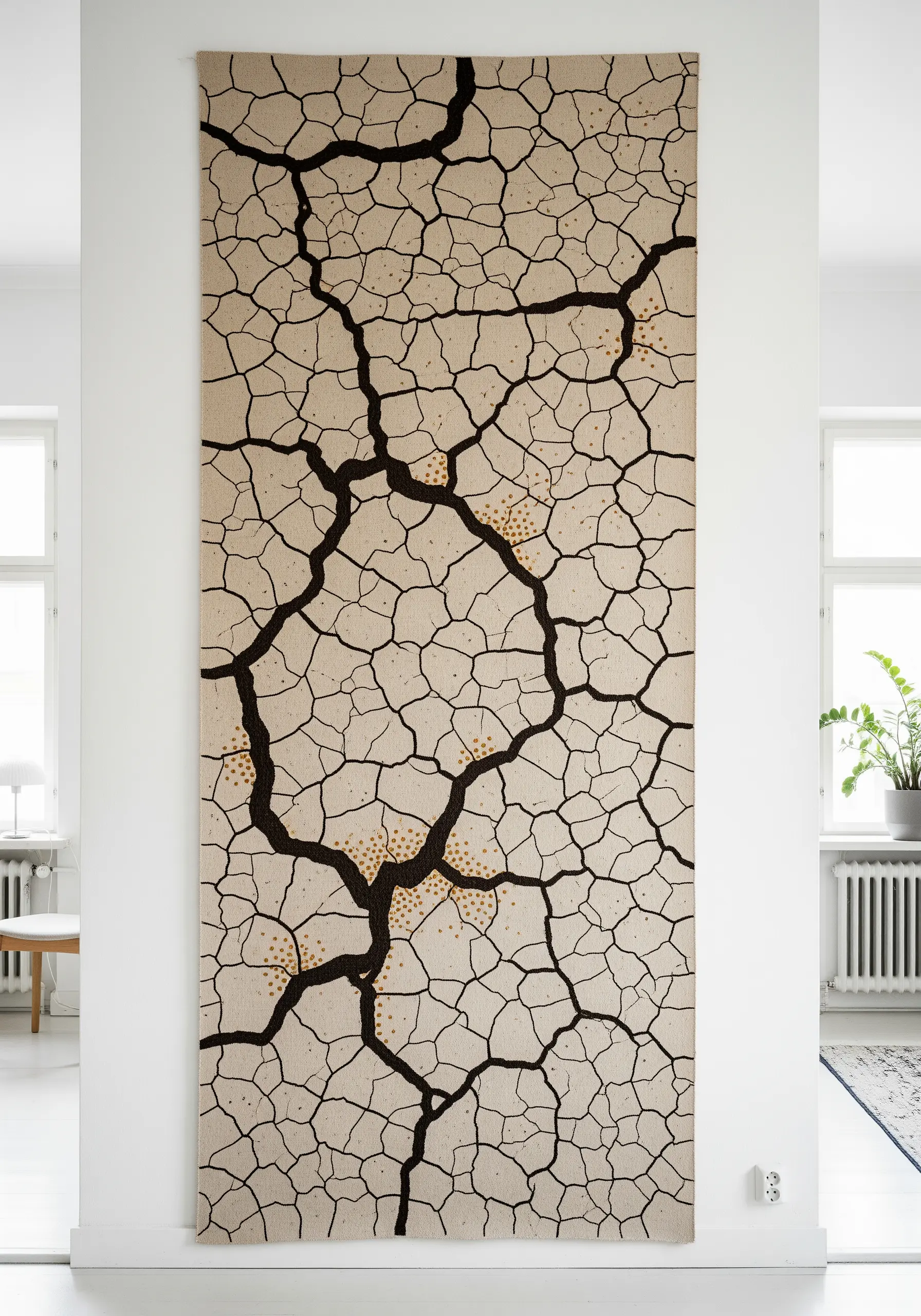 Large wall tapestry depicting cracked dry earth in black on a beige background.