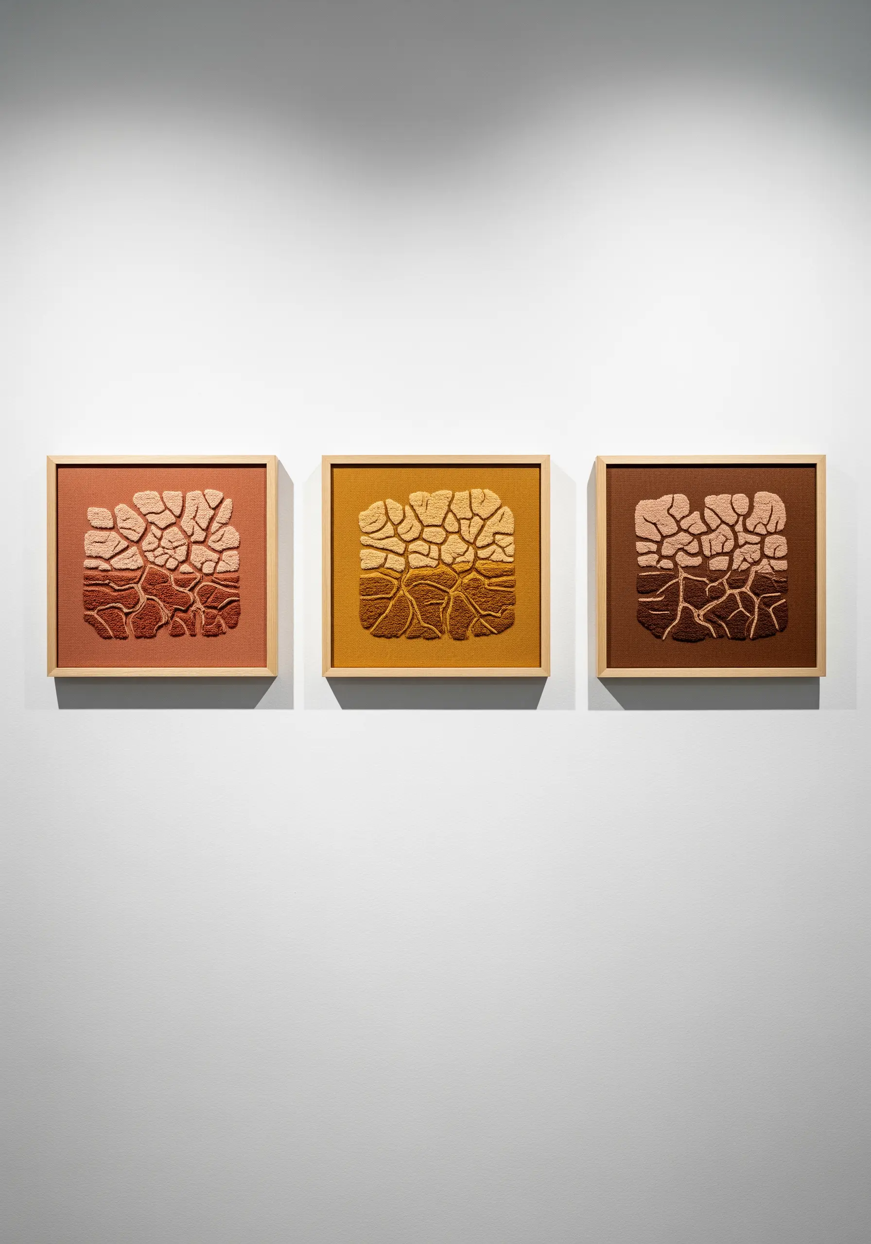 Triptych of embroidered squares showing a cracked earth texture in shades of terracotta and ochre.