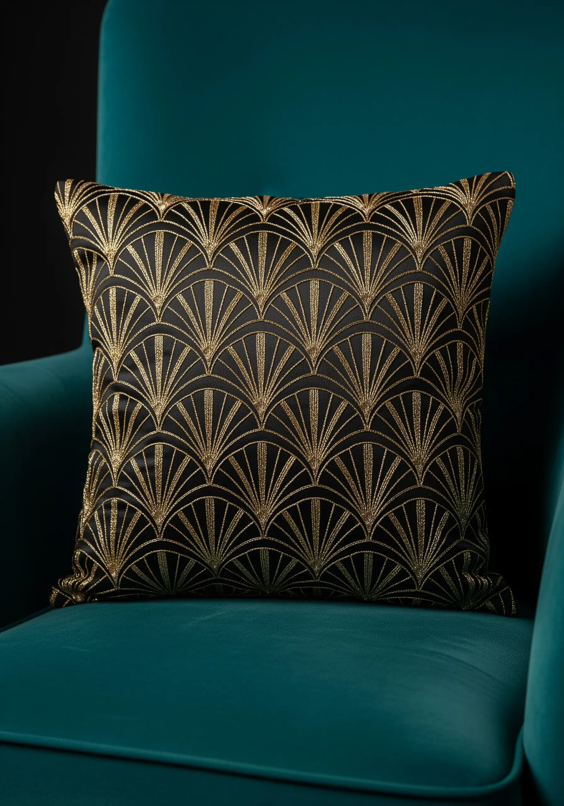 An Art Deco fan pattern in gold metallic thread on a black cushion in a teal armchair.