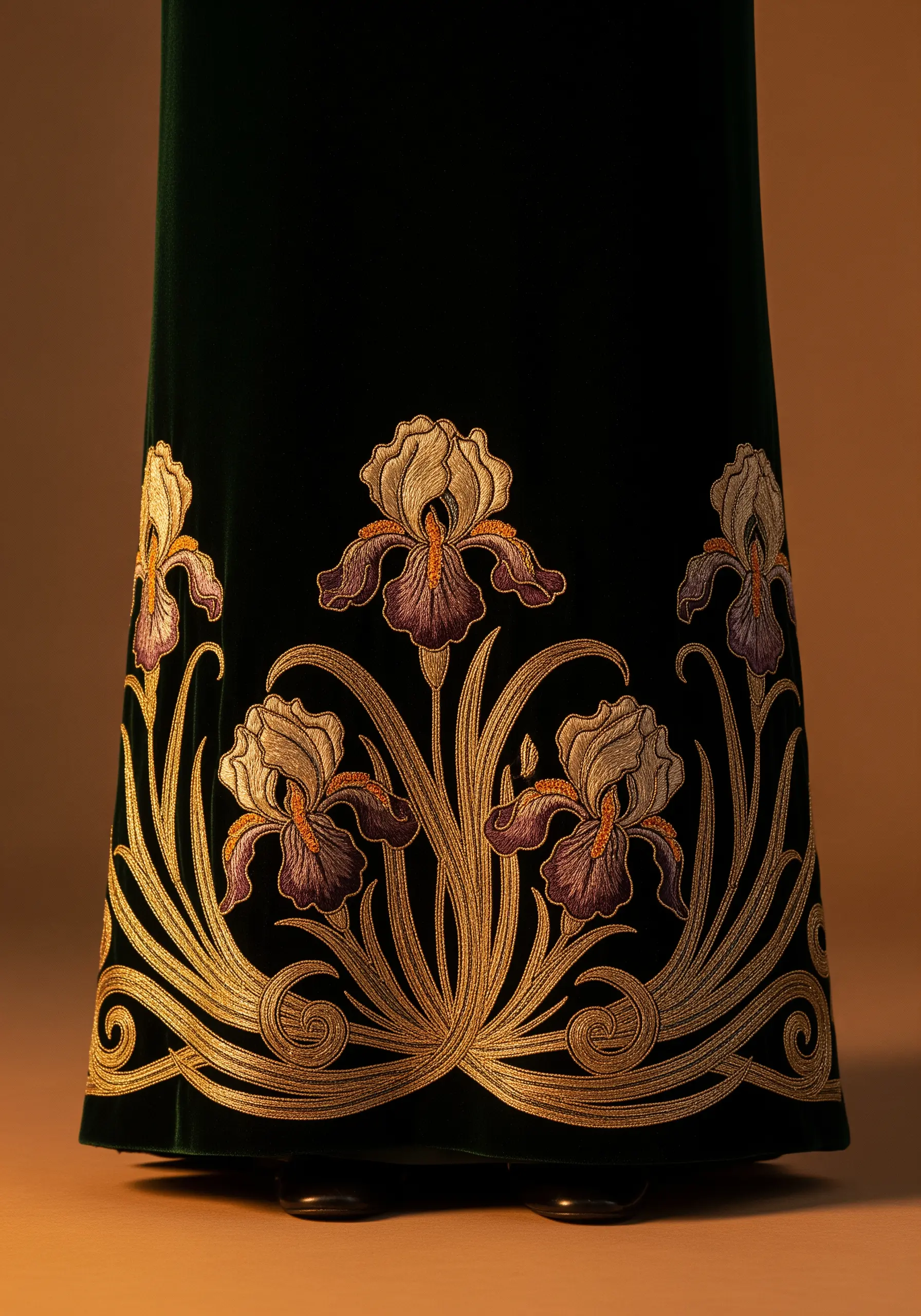 Art Nouveau-style iris embroidery in gold and purple on a dark green velvet skirt
