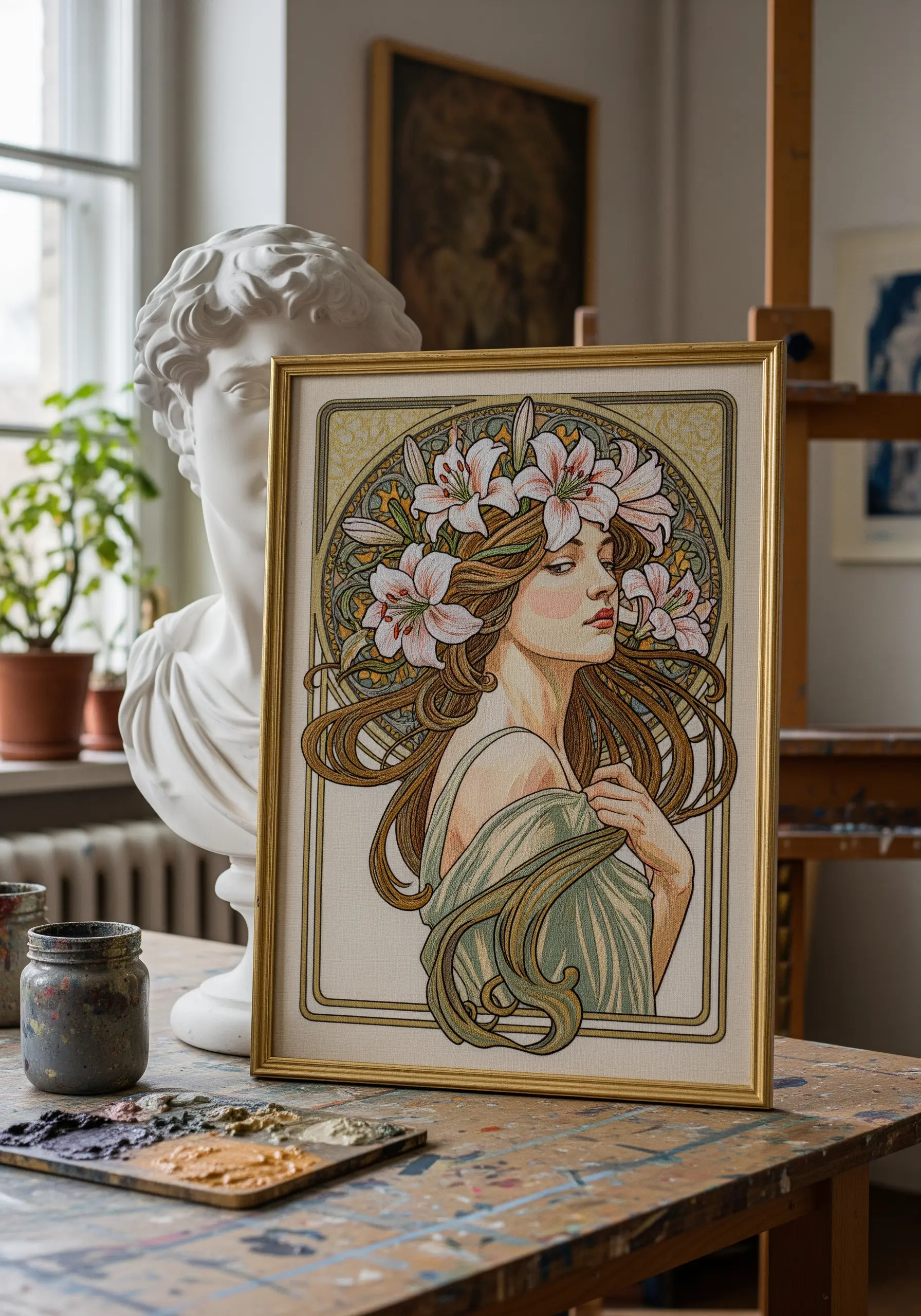 An Art Nouveau style portrait of a woman with lilies, stitched and framed.