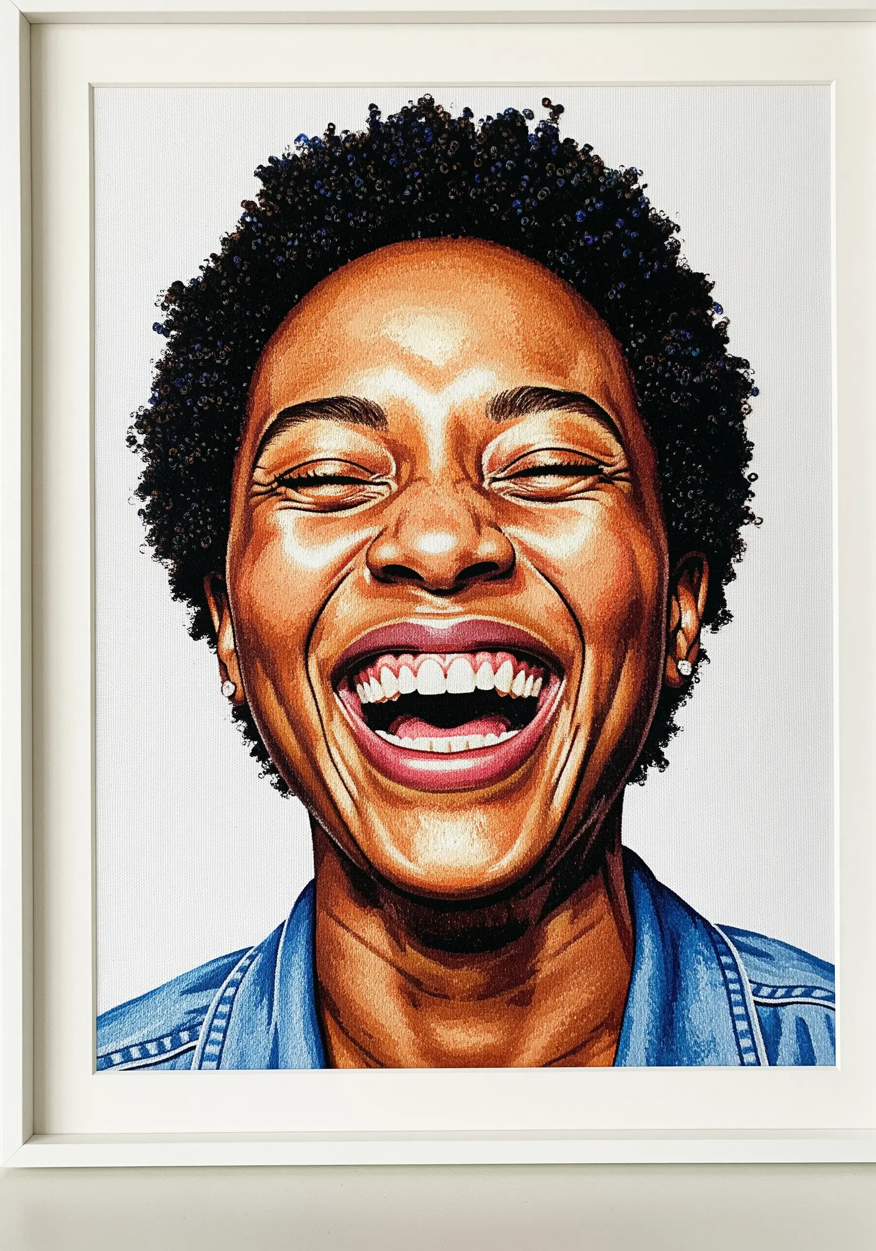 Realistic embroidered portrait of a woman laughing, with detailed highlights and shadows.