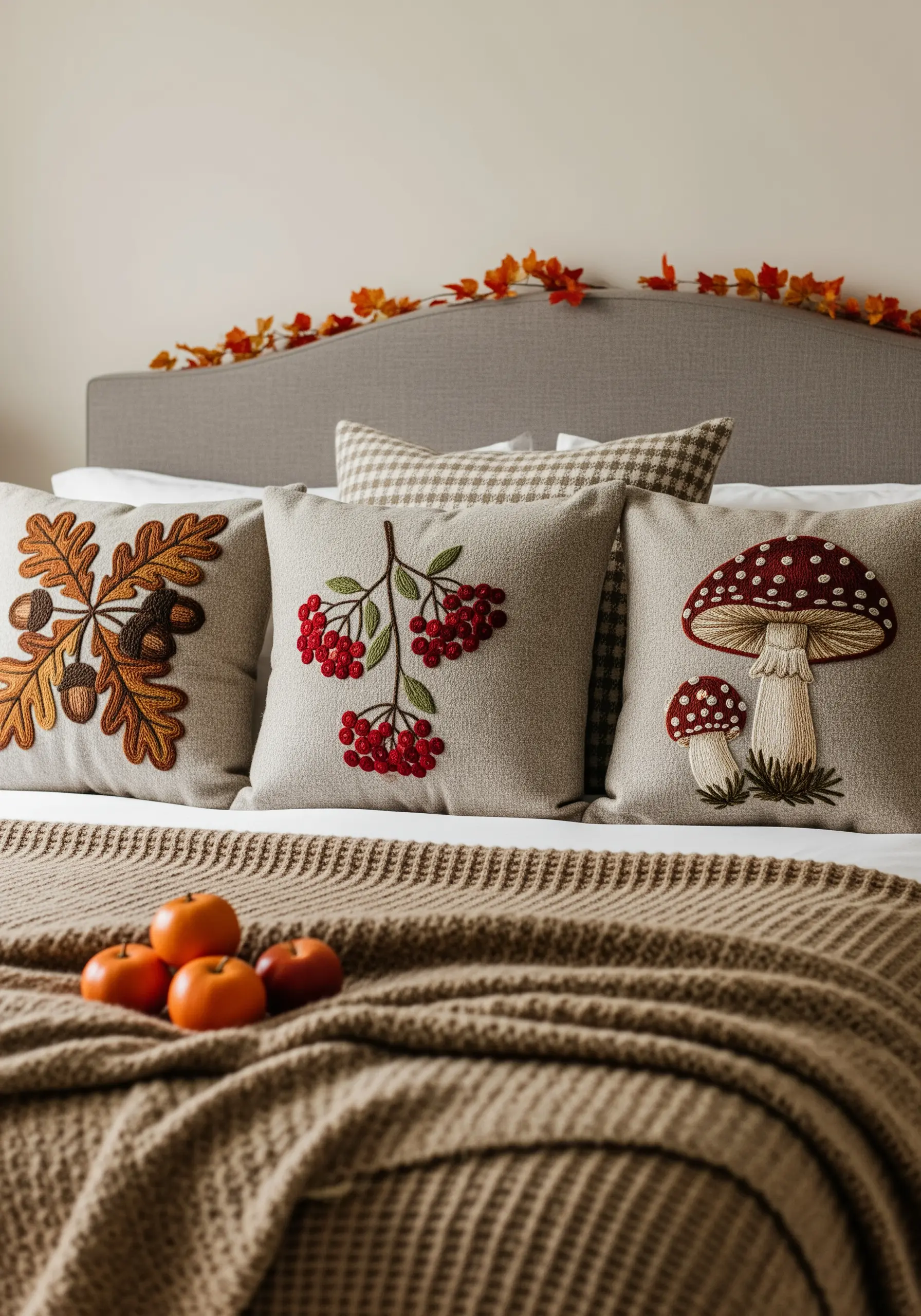 Three linen throw pillows embroidered with autumn motifs: acorns, rowan berries, and a mushroom.