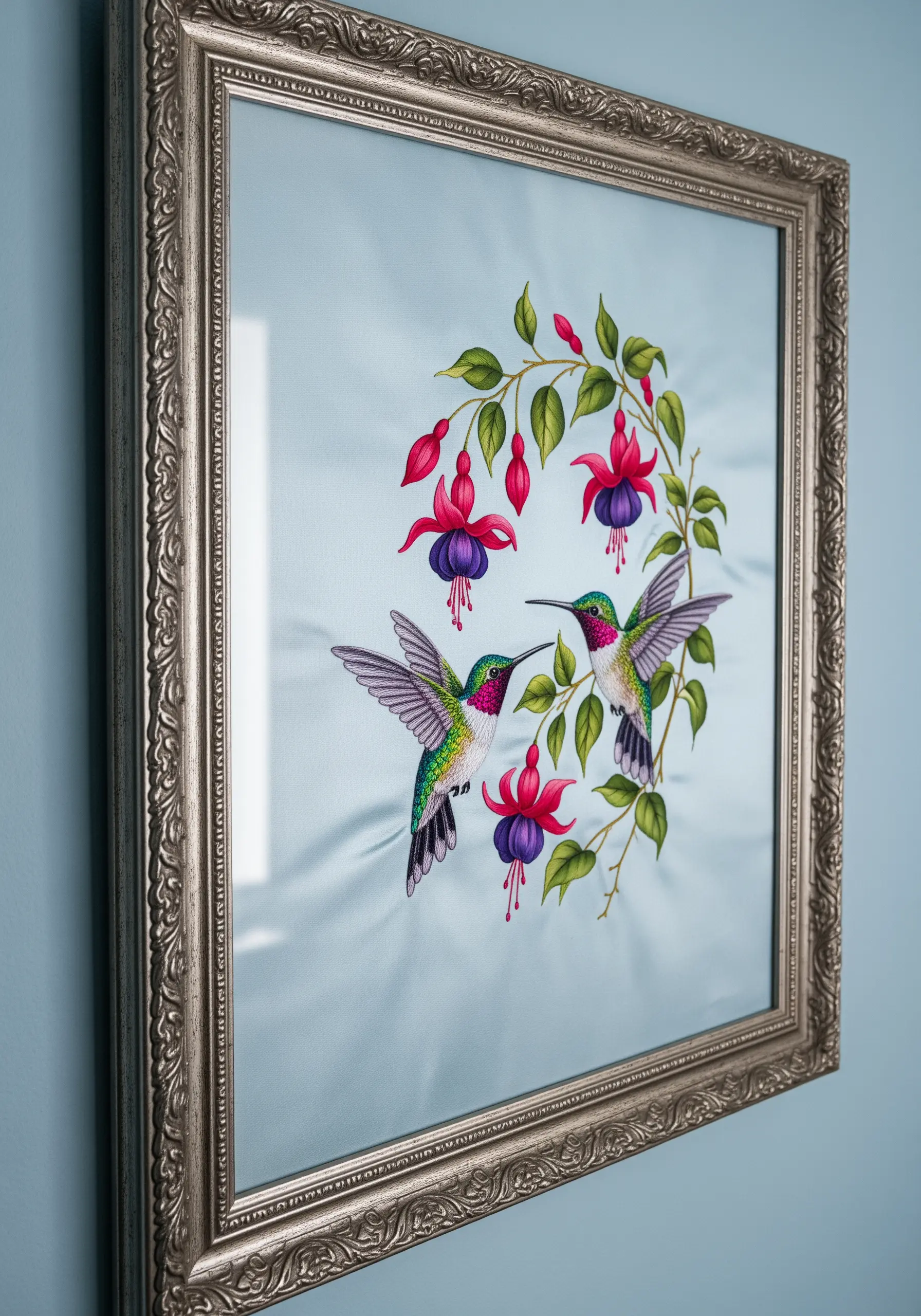 Two hummingbirds embroidered with thread painting, surrounded by fuchsia flowers in a silver frame.