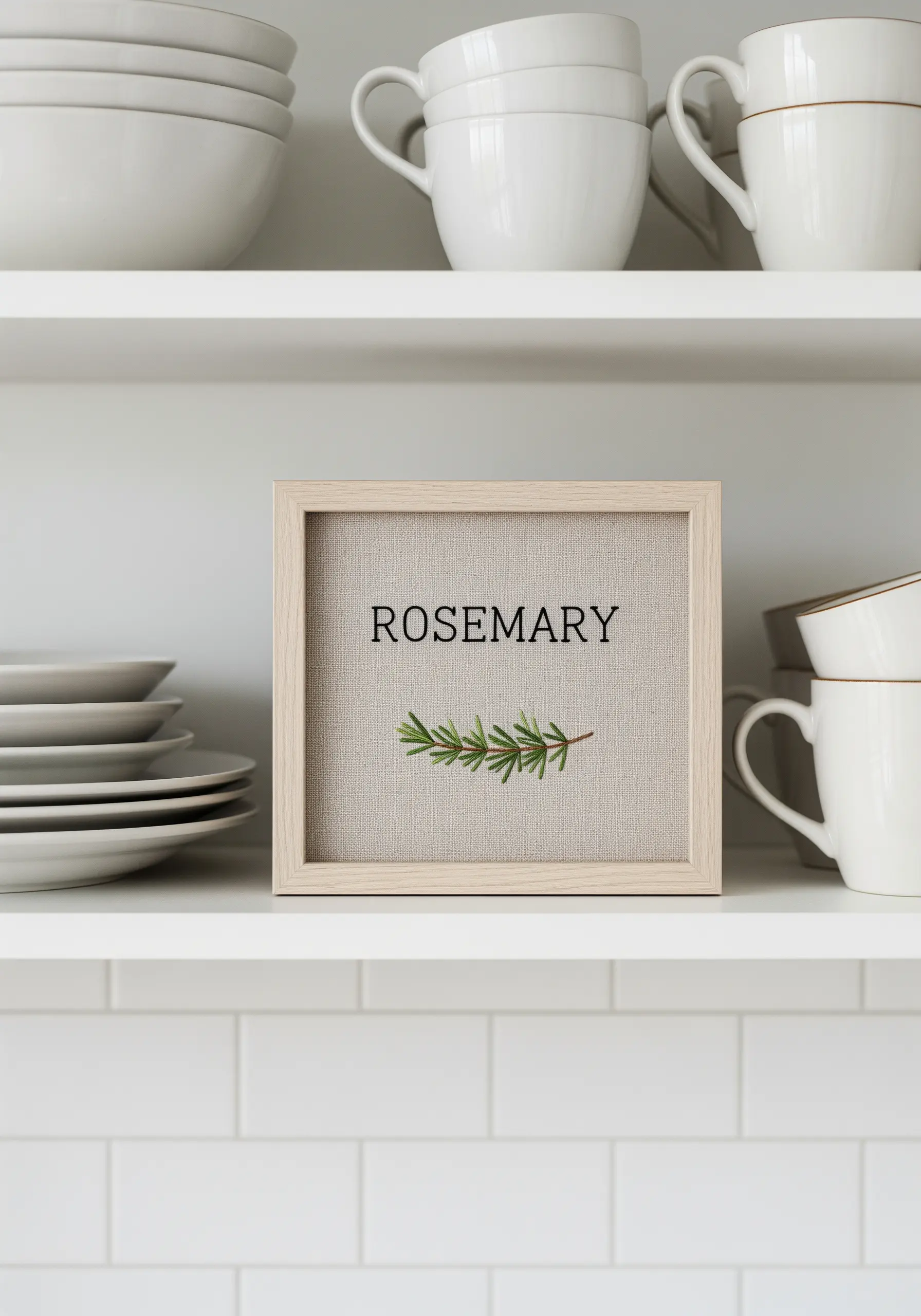 The word 'Rosemary' embroidered above a delicate, realistic sprig of the herb.