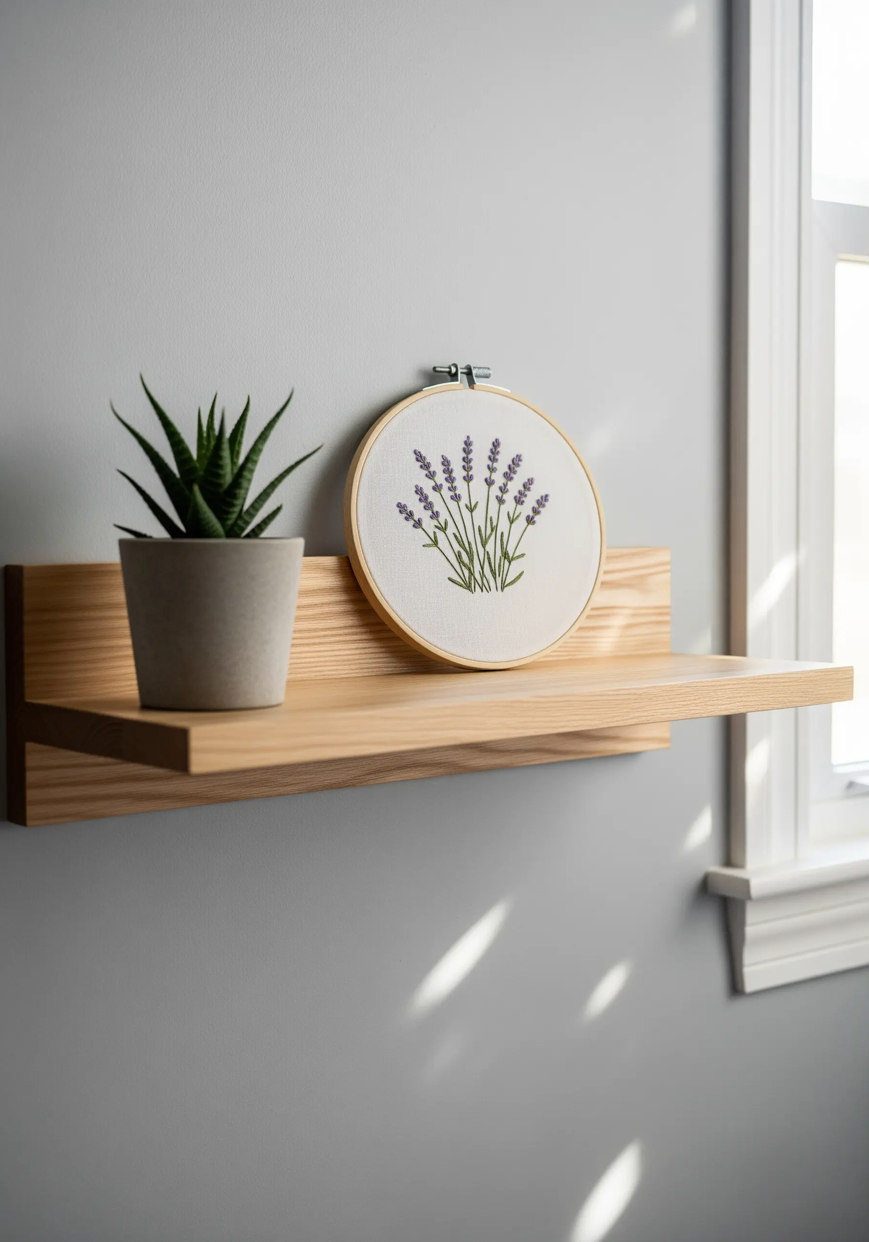 A small embroidery hoop featuring a lavender bouquet, sitting on a wooden picture ledge.