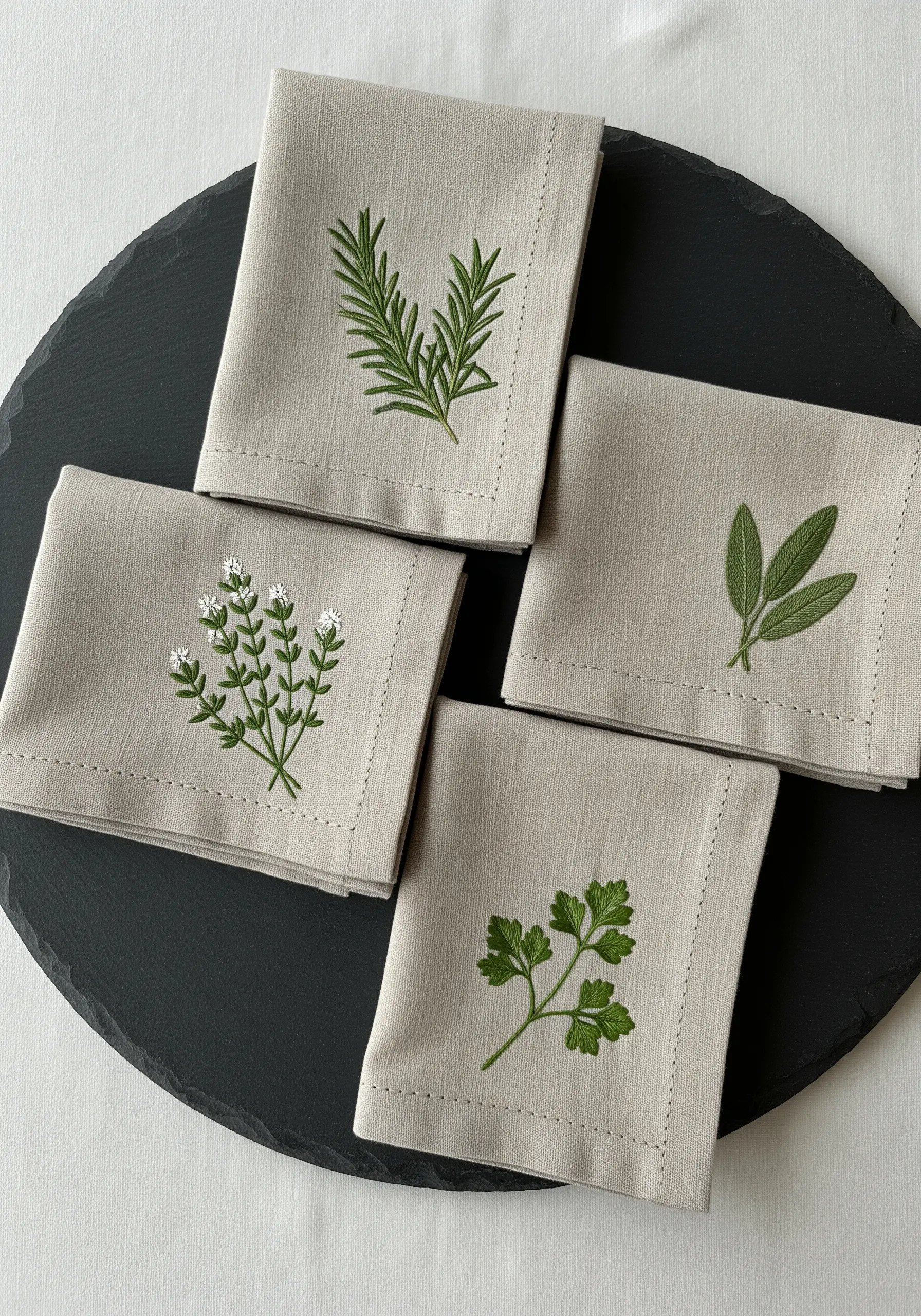 Four linen napkins embroidered with different culinary herbs: rosemary, sage, parsley, and oregano.