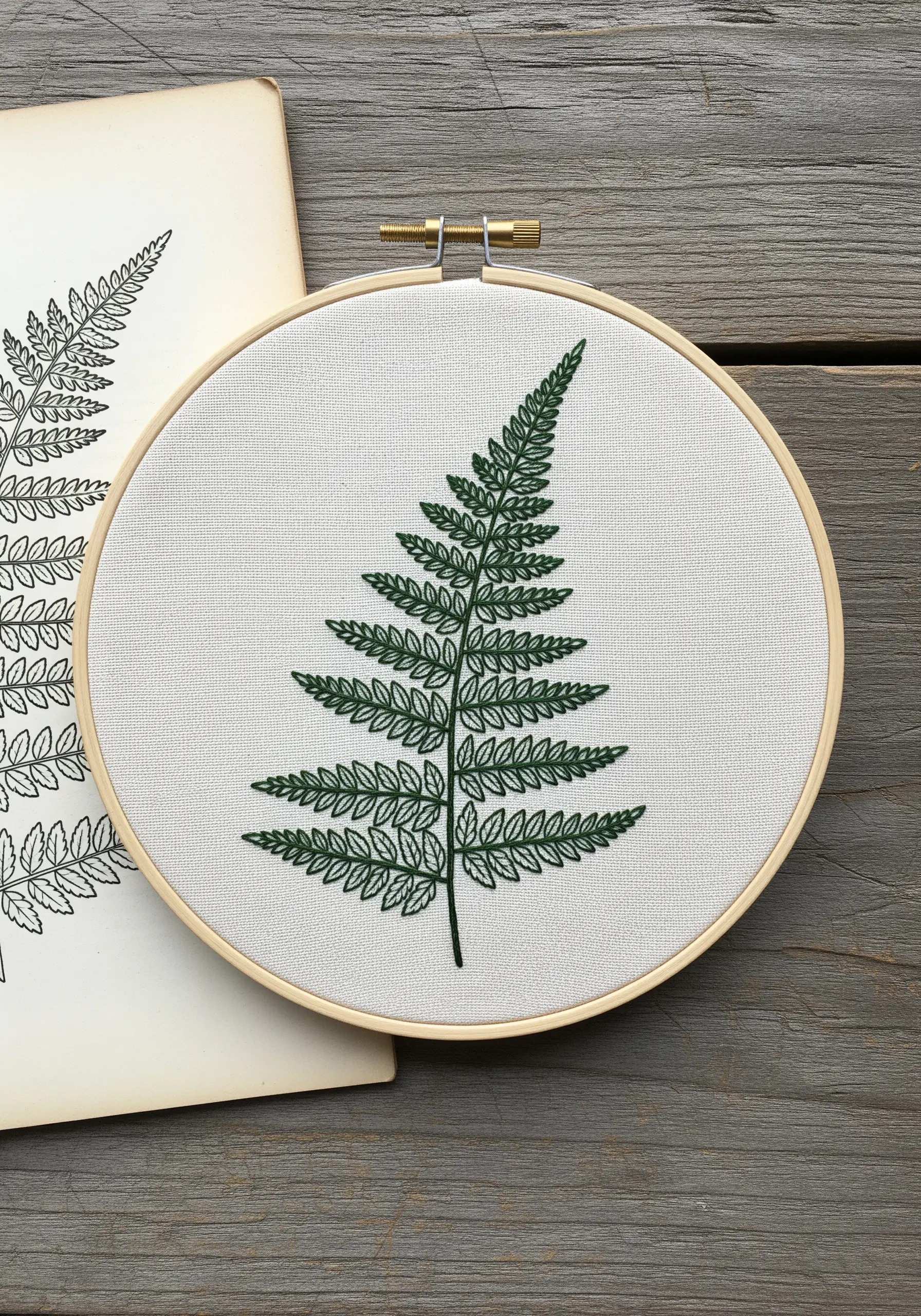 A detailed fern leaf embroidered in dark green thread next to a botanical illustration.