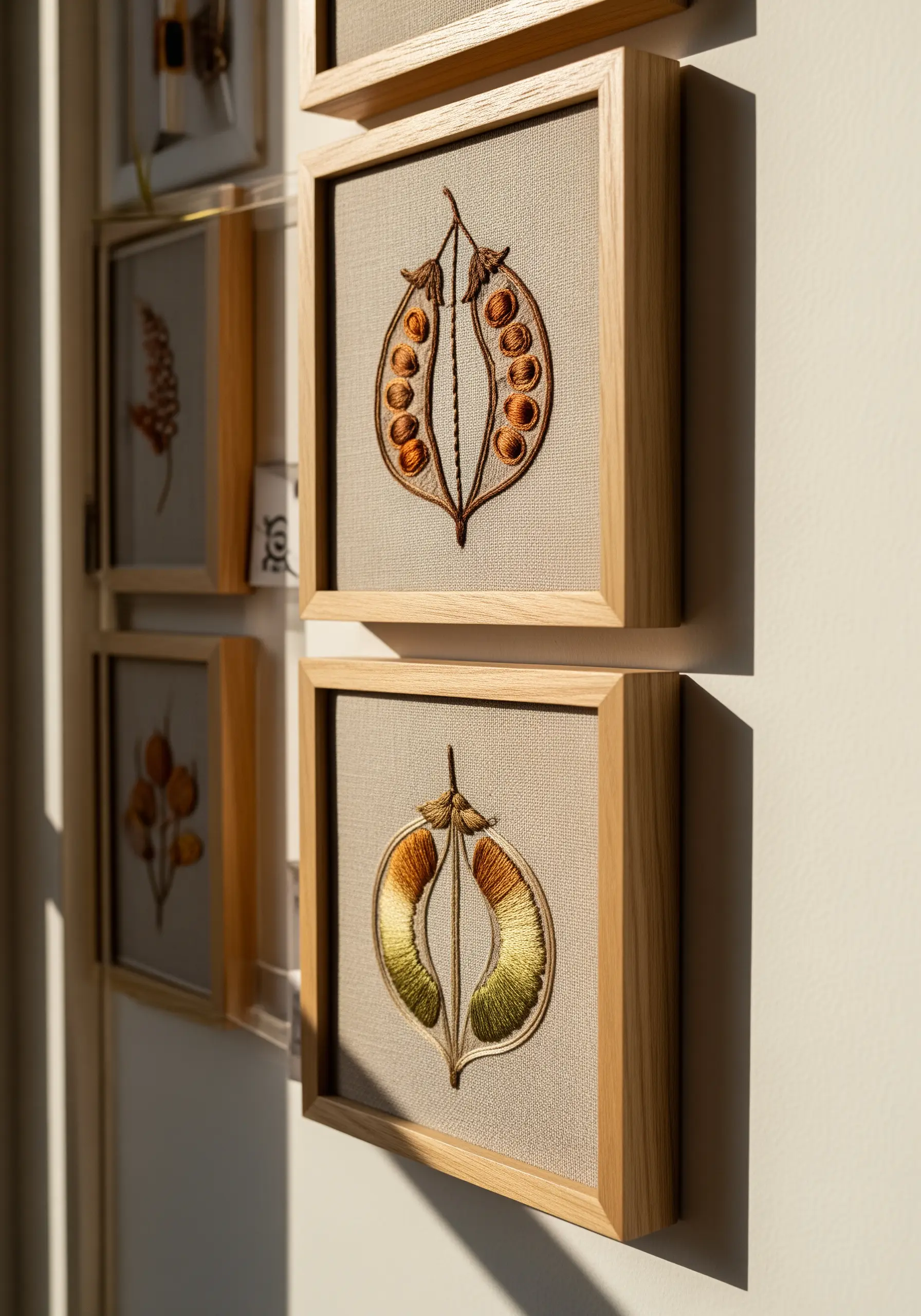 Framed embroidery of seed pods with precise satin stitch in earth tones.