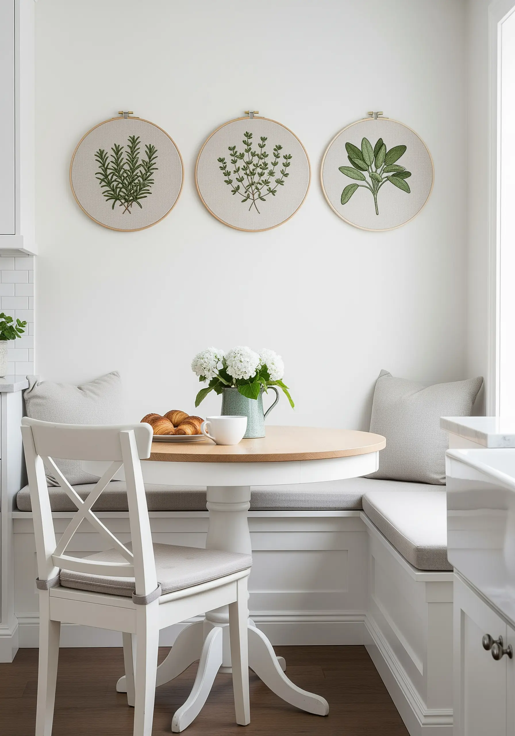 A triptych of embroidery hoops featuring rosemary, thyme, and sage in a kitchen nook.