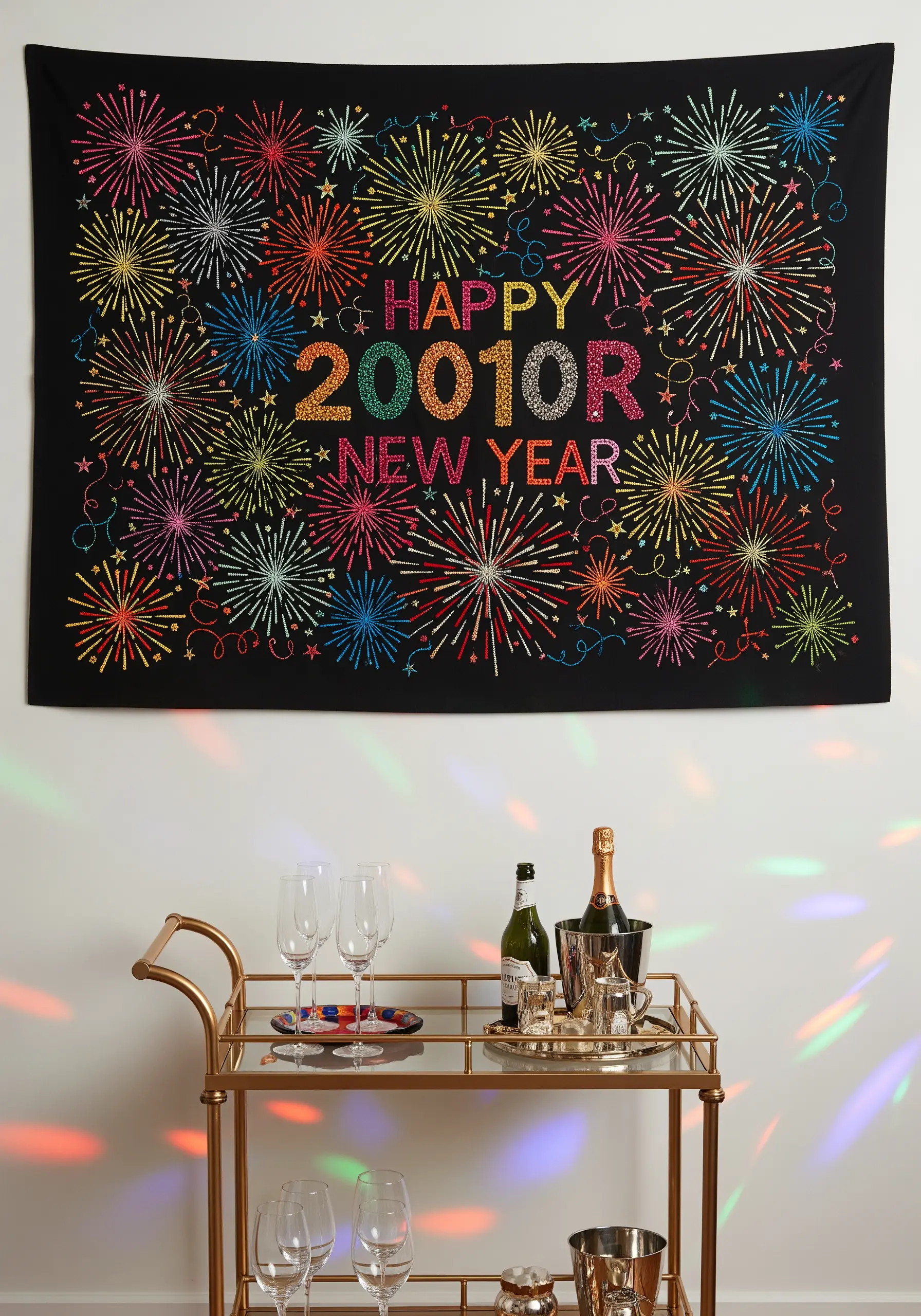 A large New Year's tapestry with colorful embroidered fireworks and glittery text.