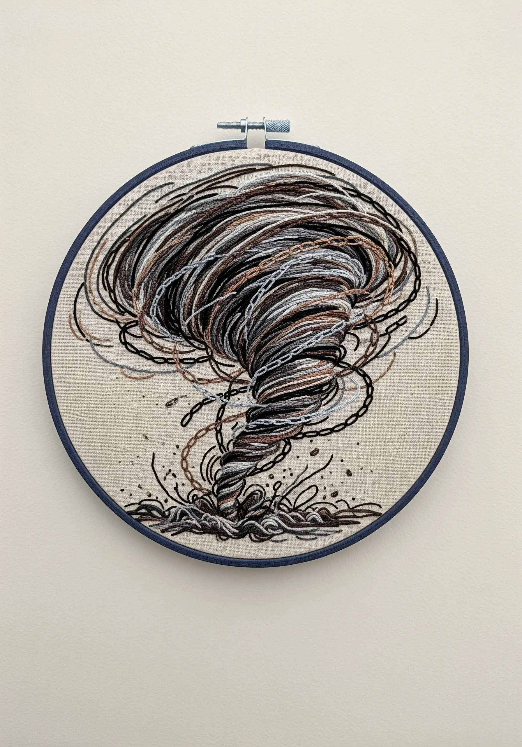 An abstract embroidery of a tornado using chaotic, swirling stitches in brown, black, and white.