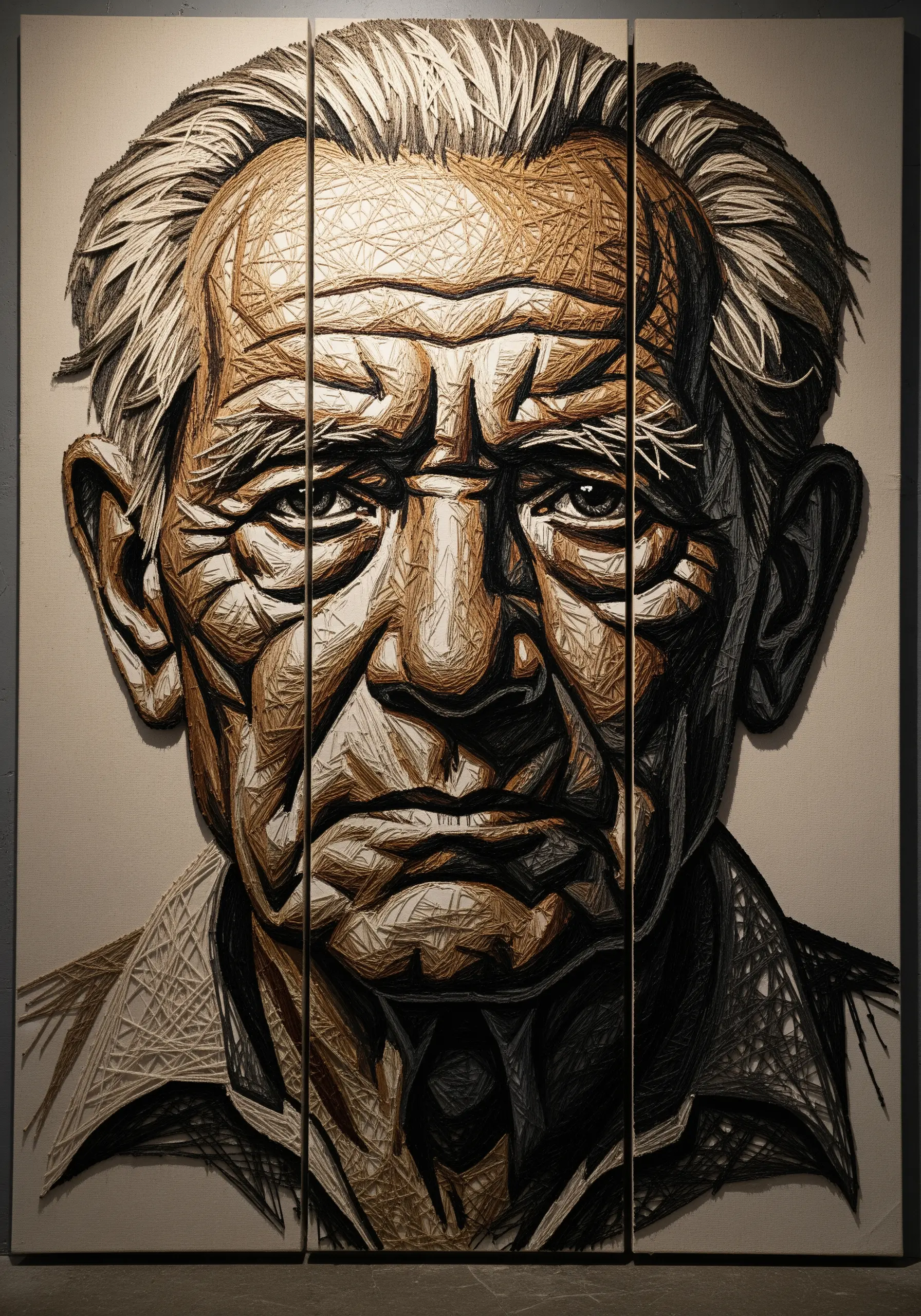 A powerful string art portrait of an elderly man, split across three vertical canvas panels.