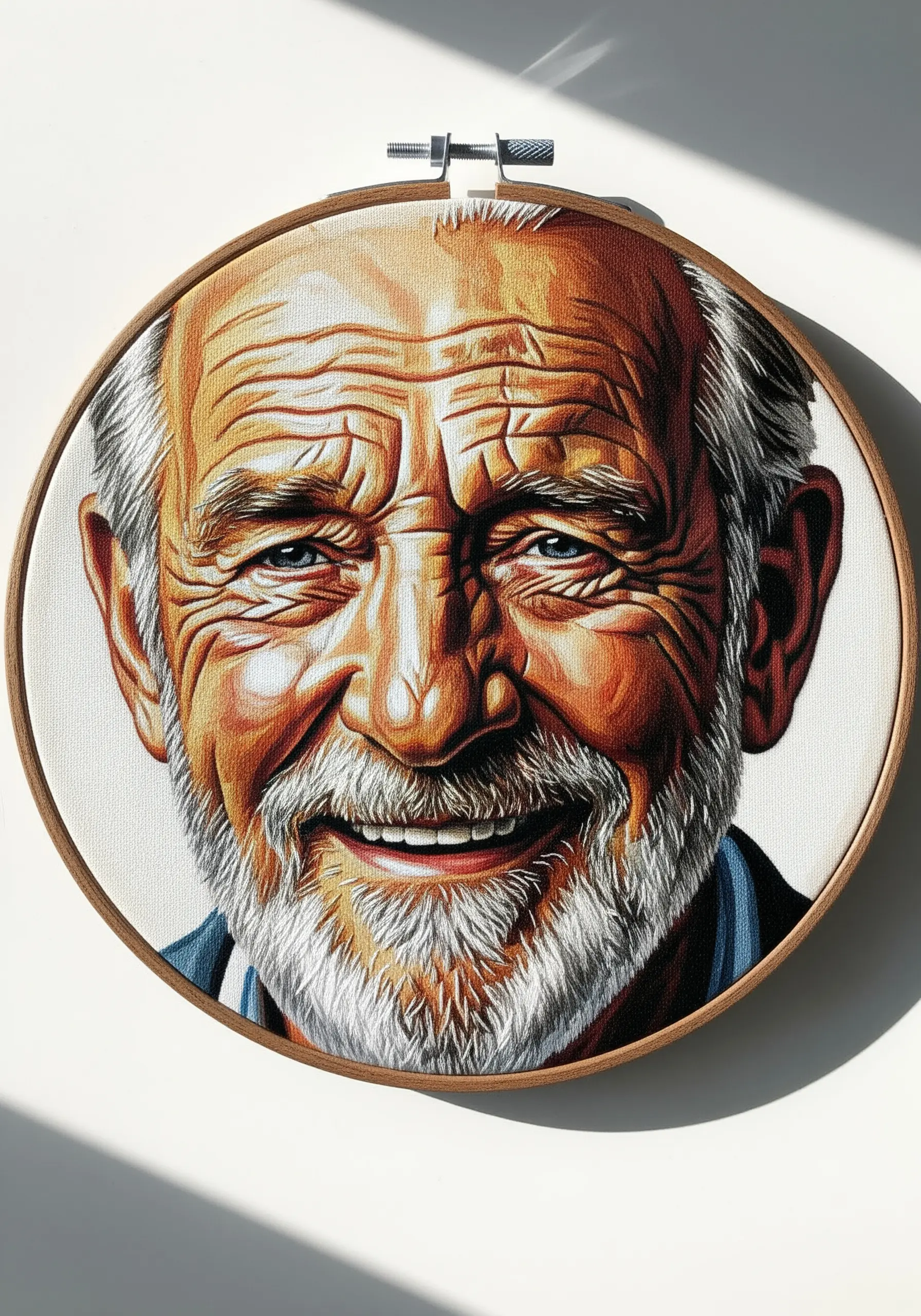 Hyper-realistic thread-painted portrait of an elderly man with detailed wrinkles.