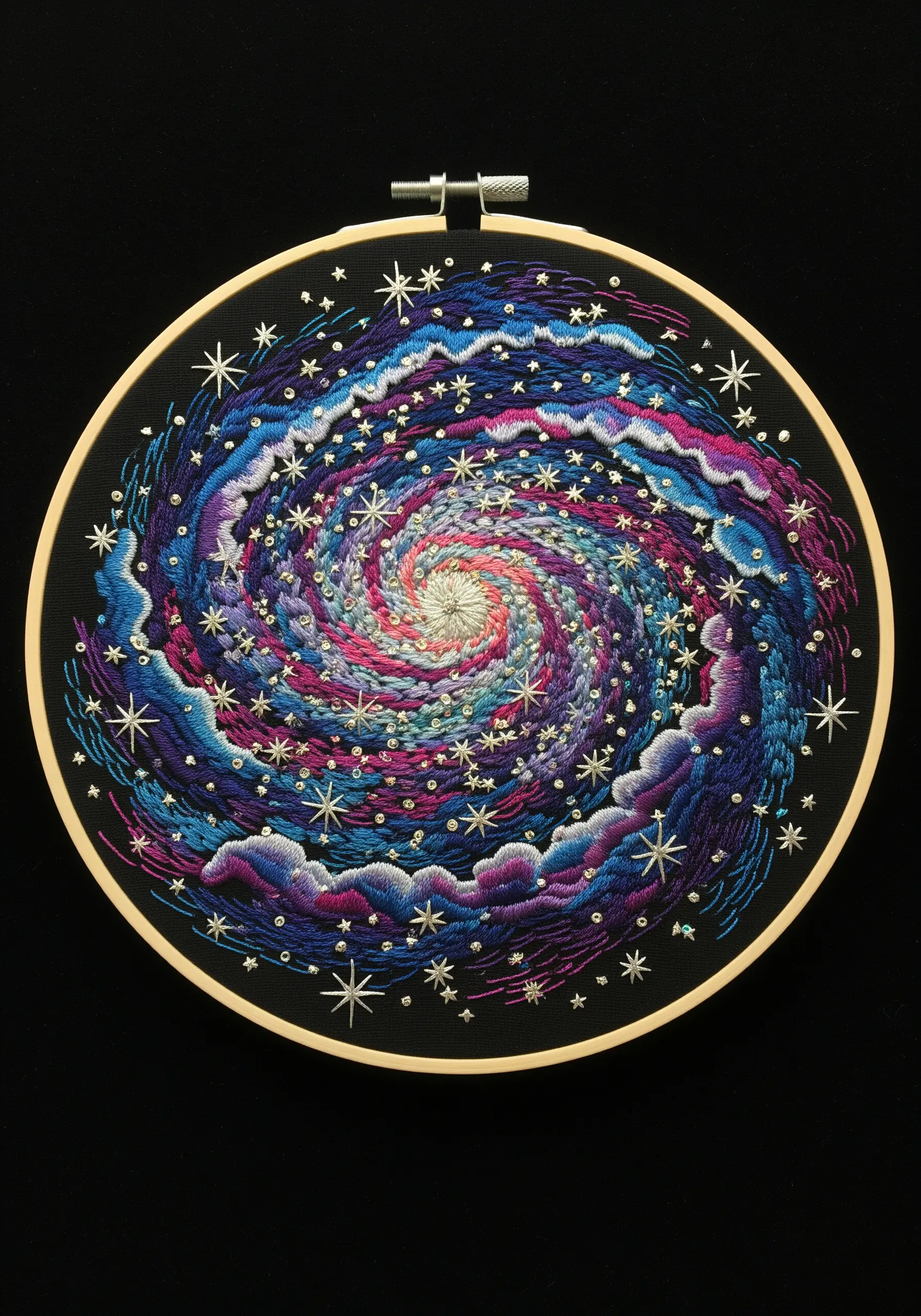 A vibrant spiral galaxy embroidered on black fabric with swirling colors and metallic star details.