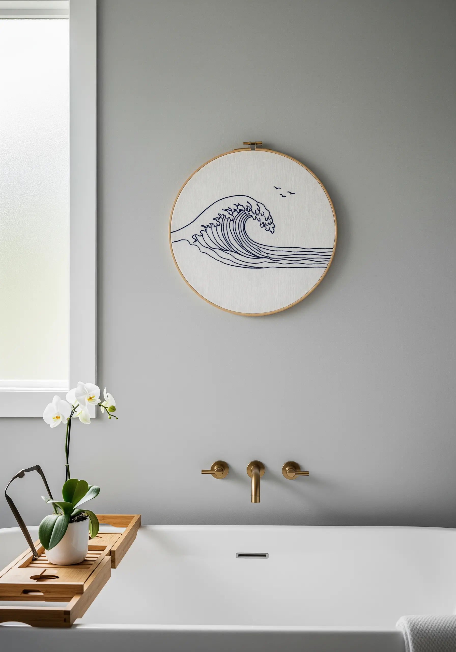 Minimalist line art embroidery of a large ocean wave in a hoop hung in a modern bathroom.