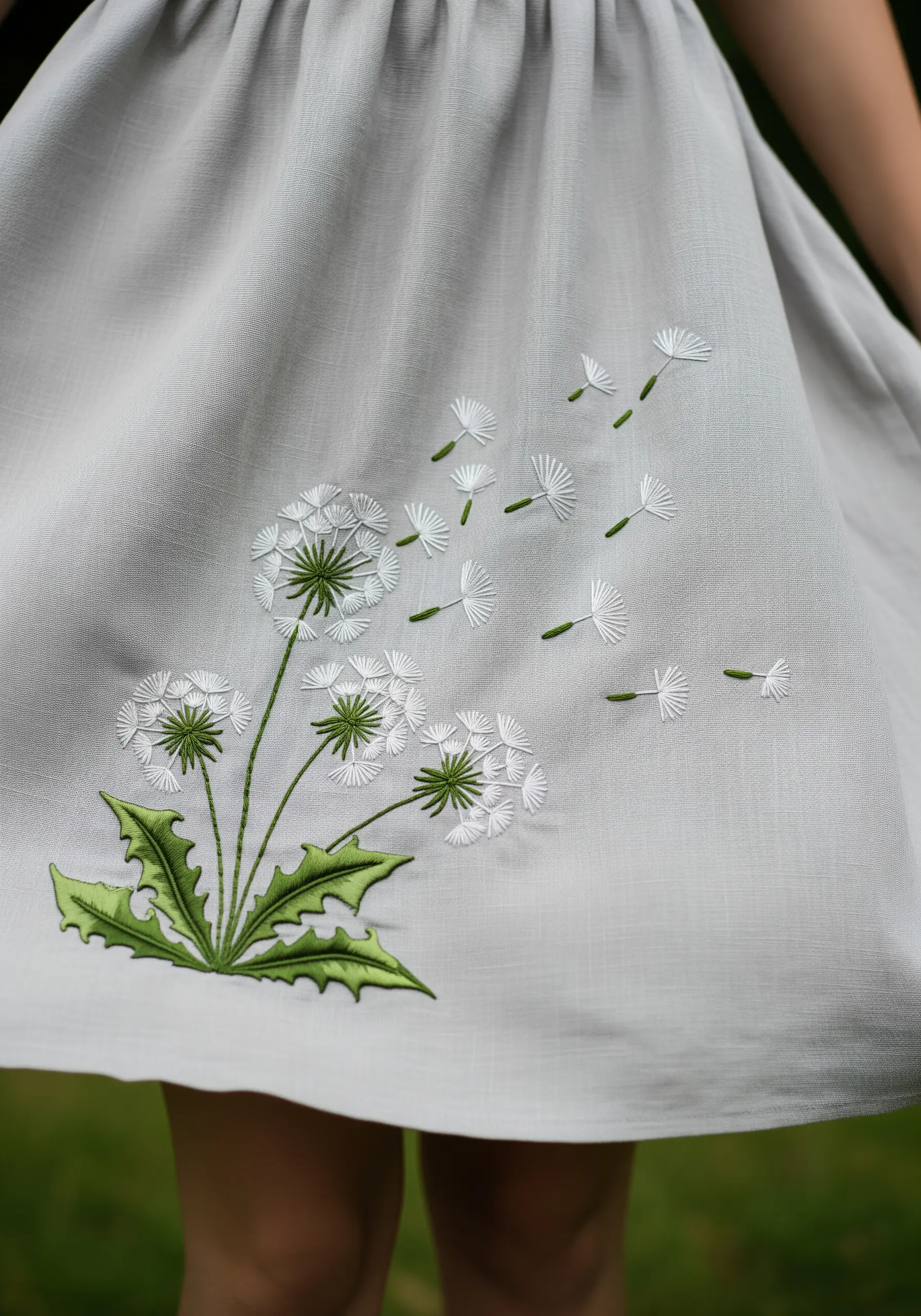 Dandelion clocks embroidered on a light gray skirt, with seeds blowing away.