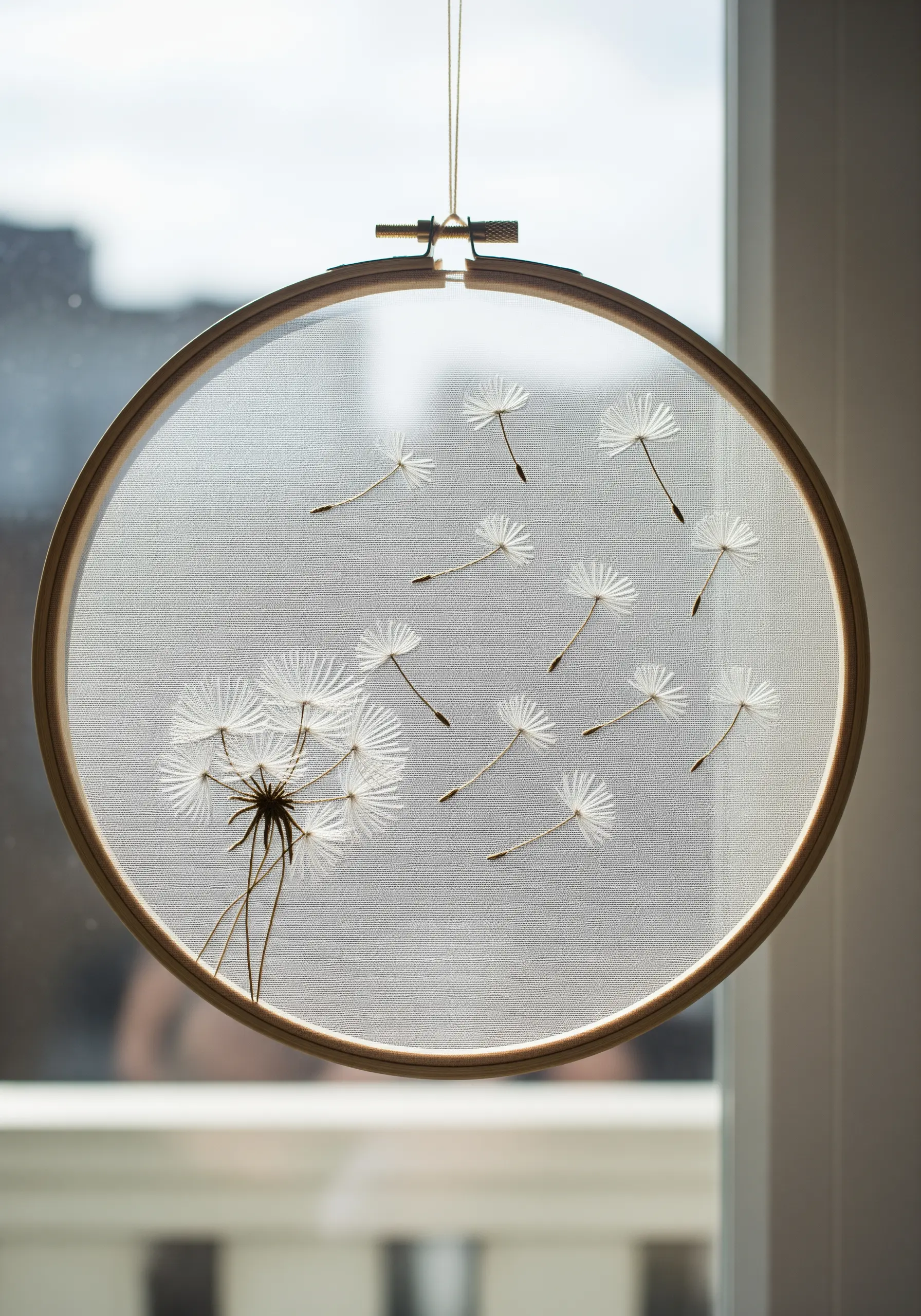 Embroidery of dandelion seeds floating on sheer tulle fabric in a hoop