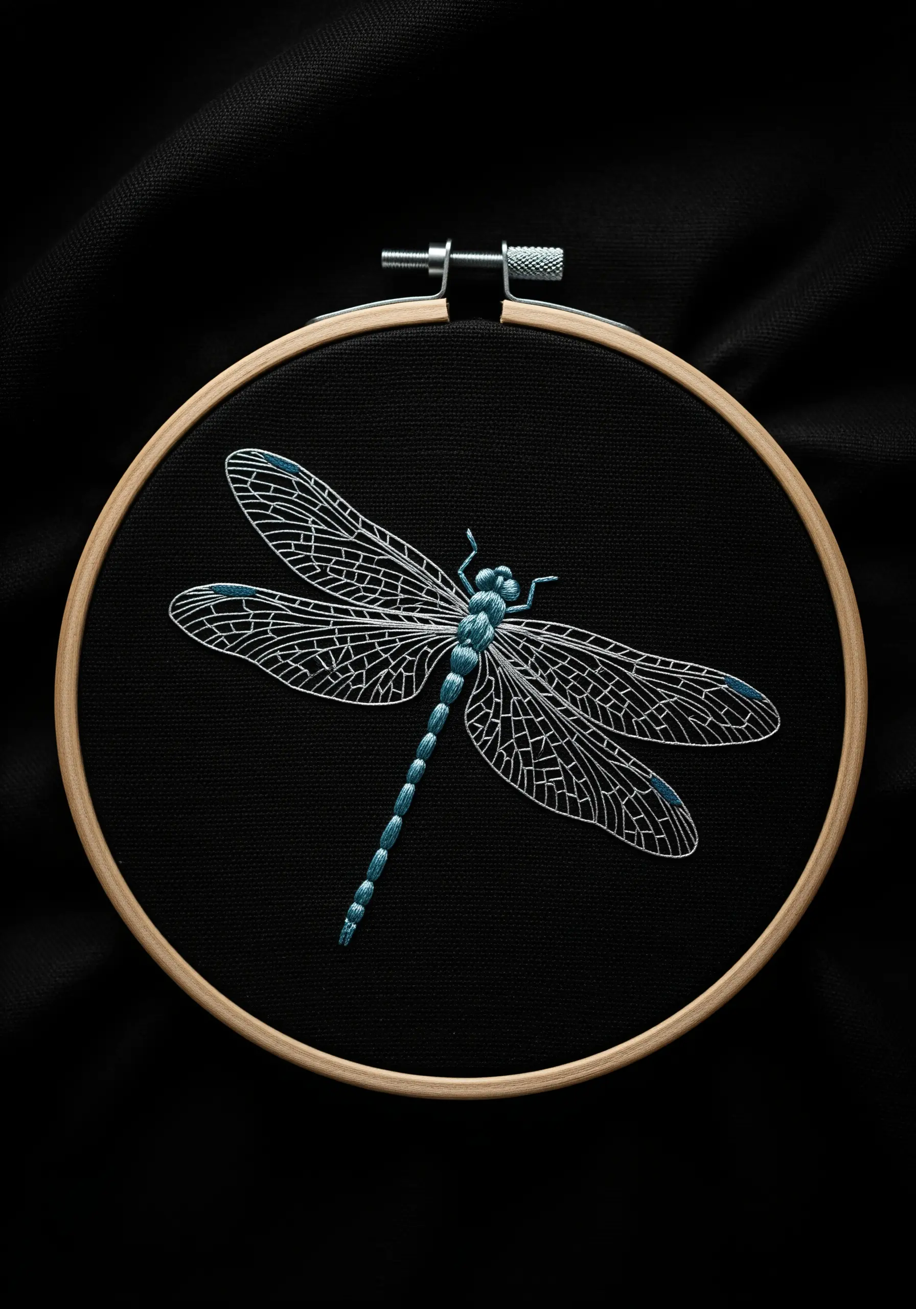 Intricate dragonfly embroidery with fine, single-thread wings stitched in blue on black fabric.