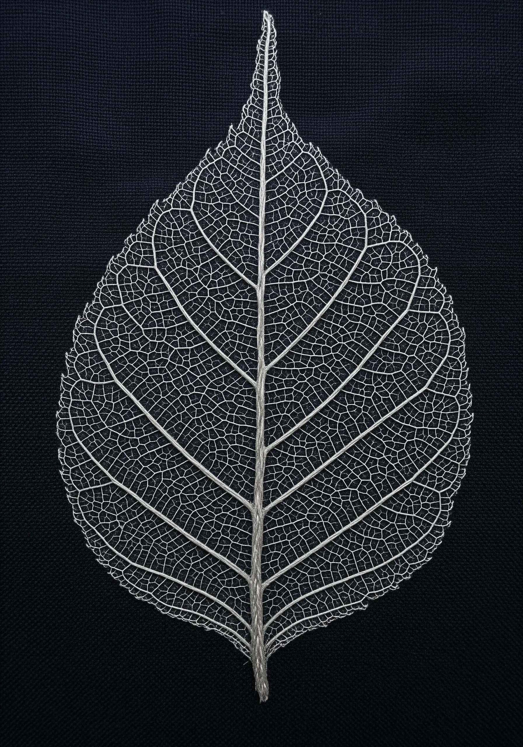 Intricate skeleton leaf stitched in fine white thread on black fabric.