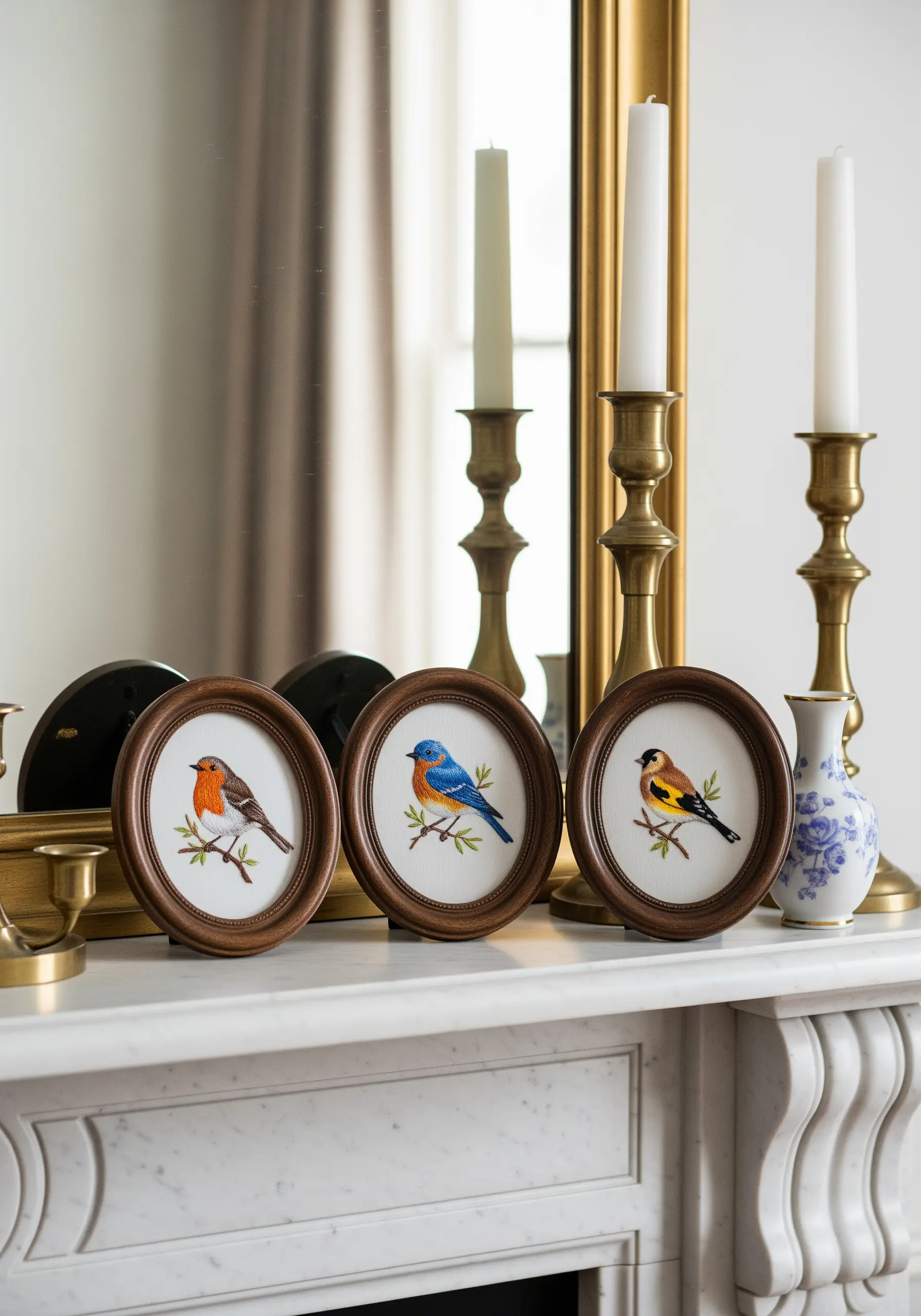 Three small, round-framed embroideries of different birds displayed on a mantelpiece.