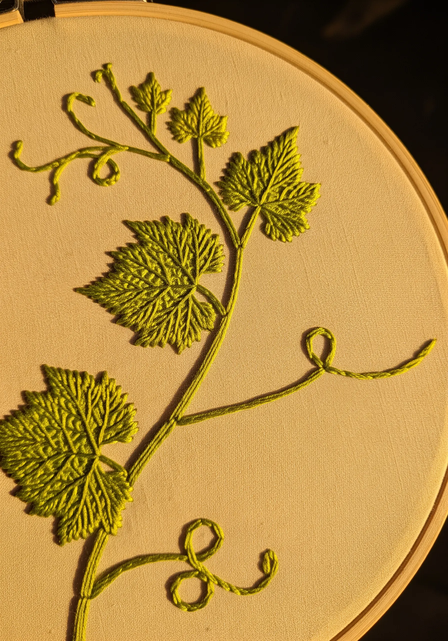 A delicate grapevine with fine leaves and curling tendrils stitched in chartreuse thread.