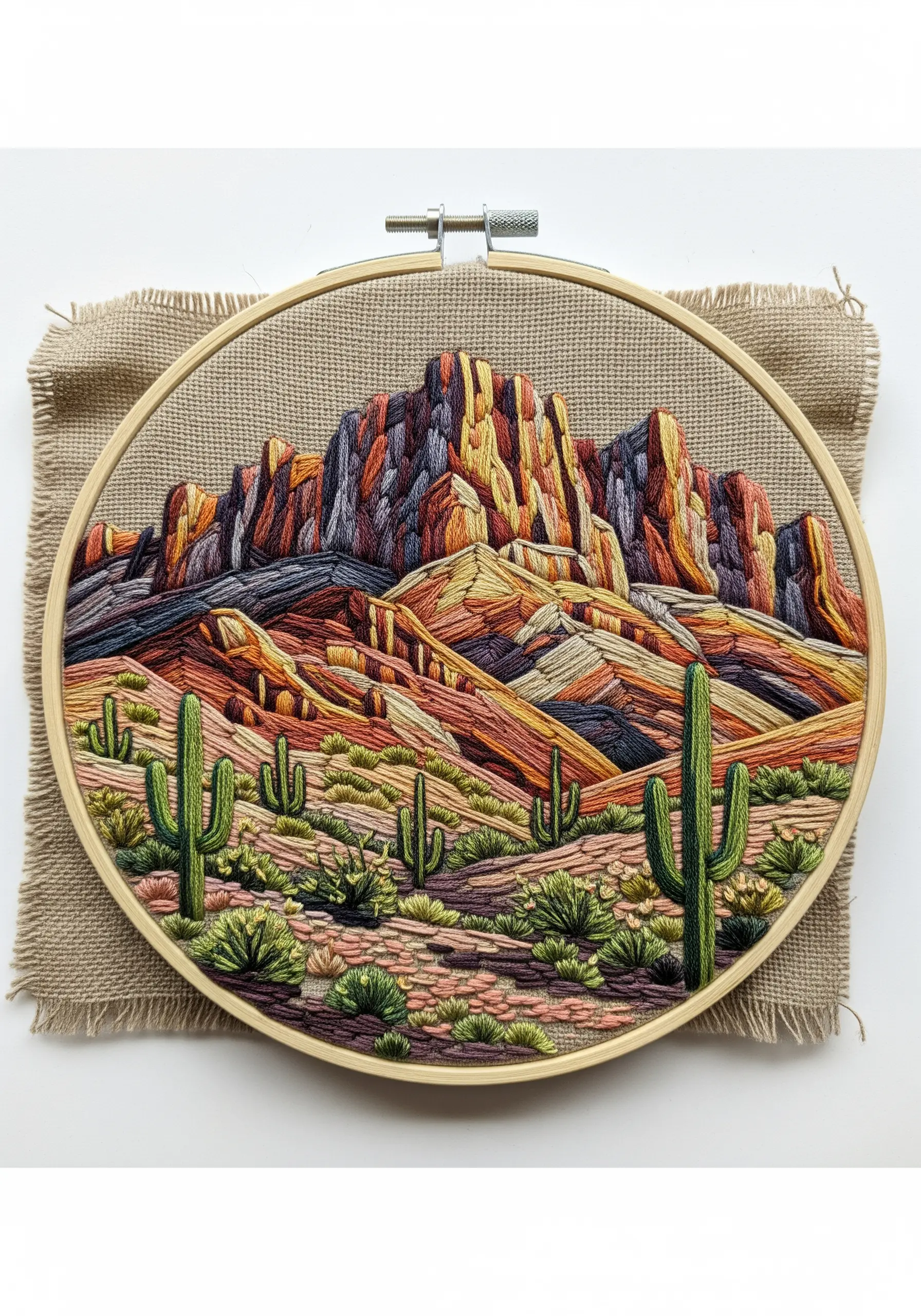 Detailed embroidery of a desert canyon, with stitches following the rock striations.