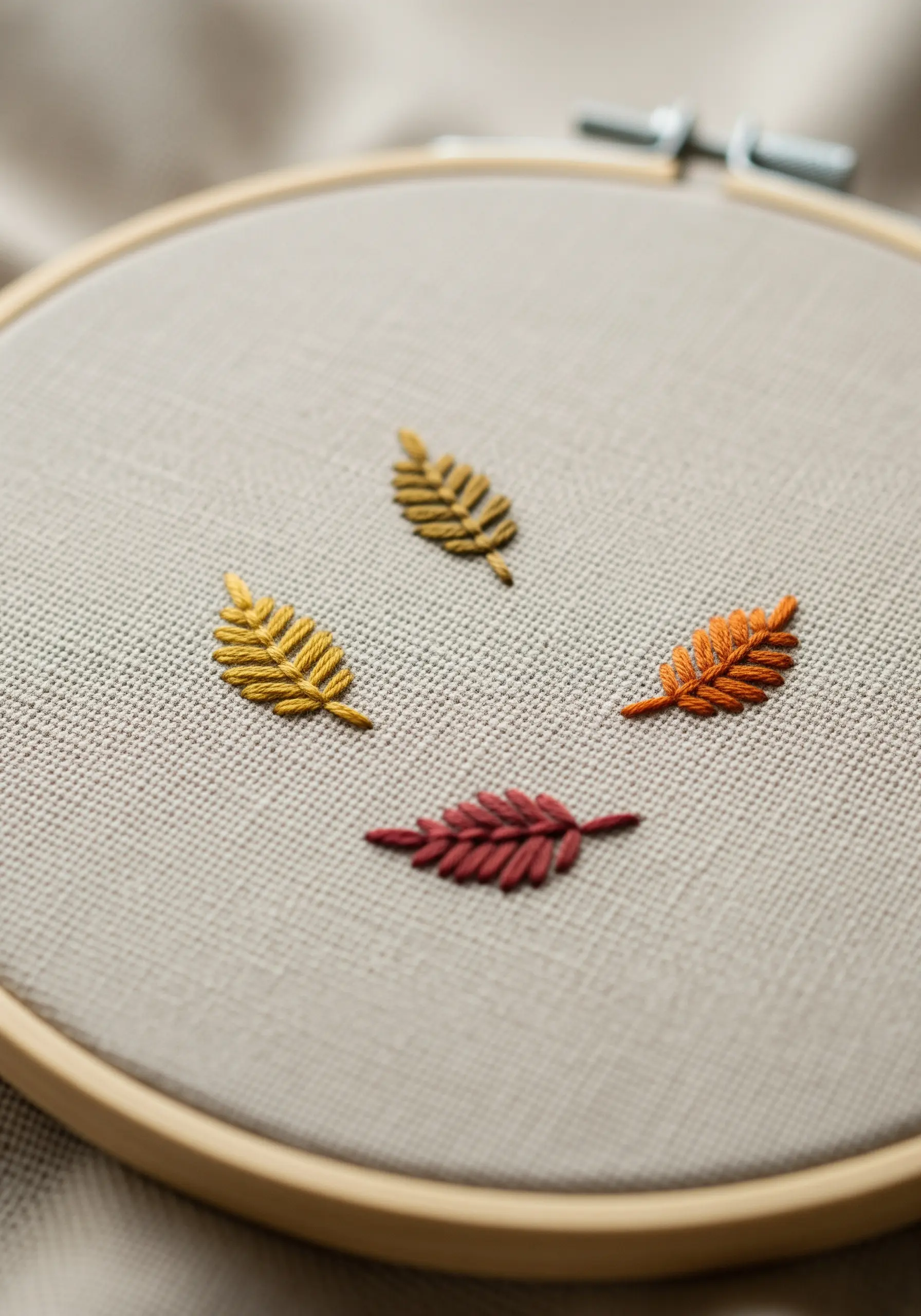 Four small, scattered autumn leaves embroidered with fishbone stitch on linen fabric.