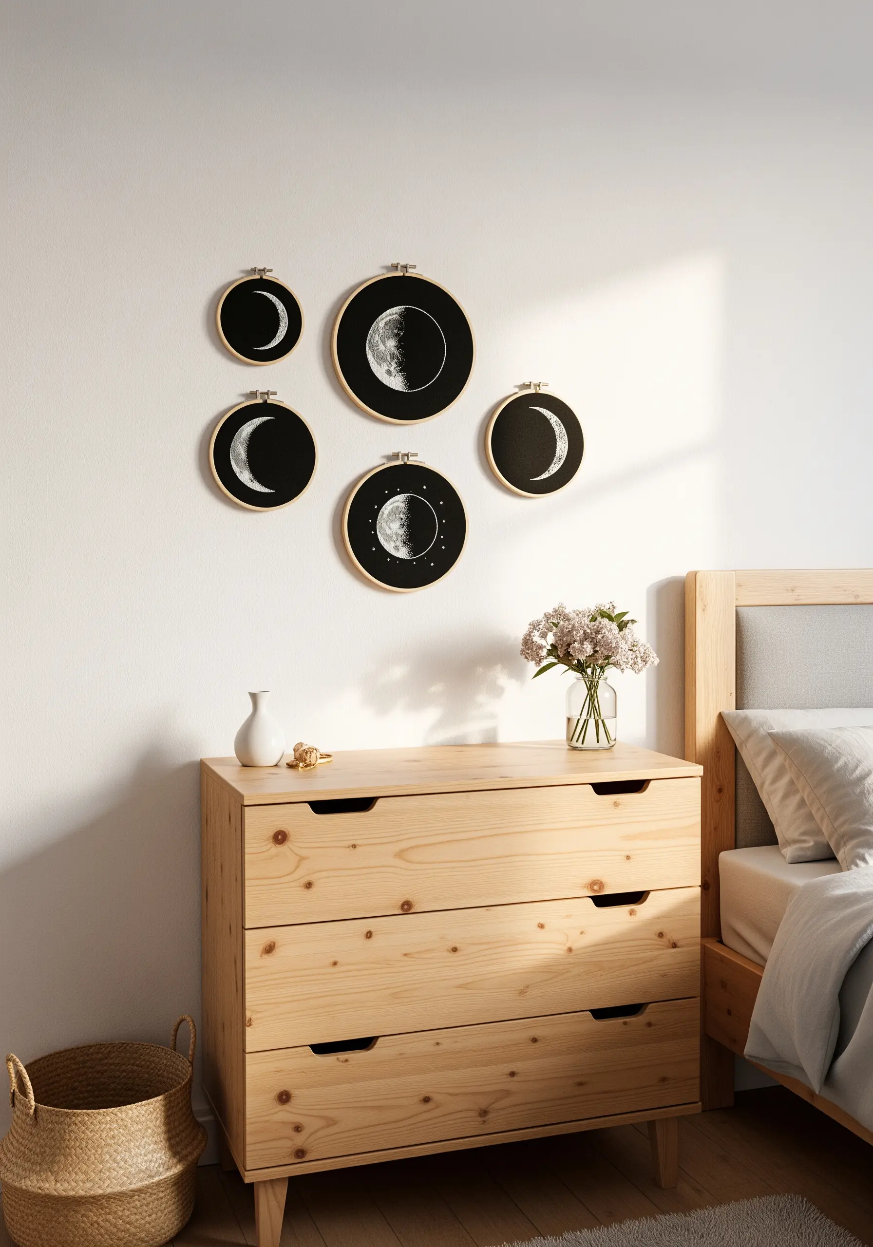 A gallery wall of five embroidery hoops showing different phases of the moon in white on black fabric.