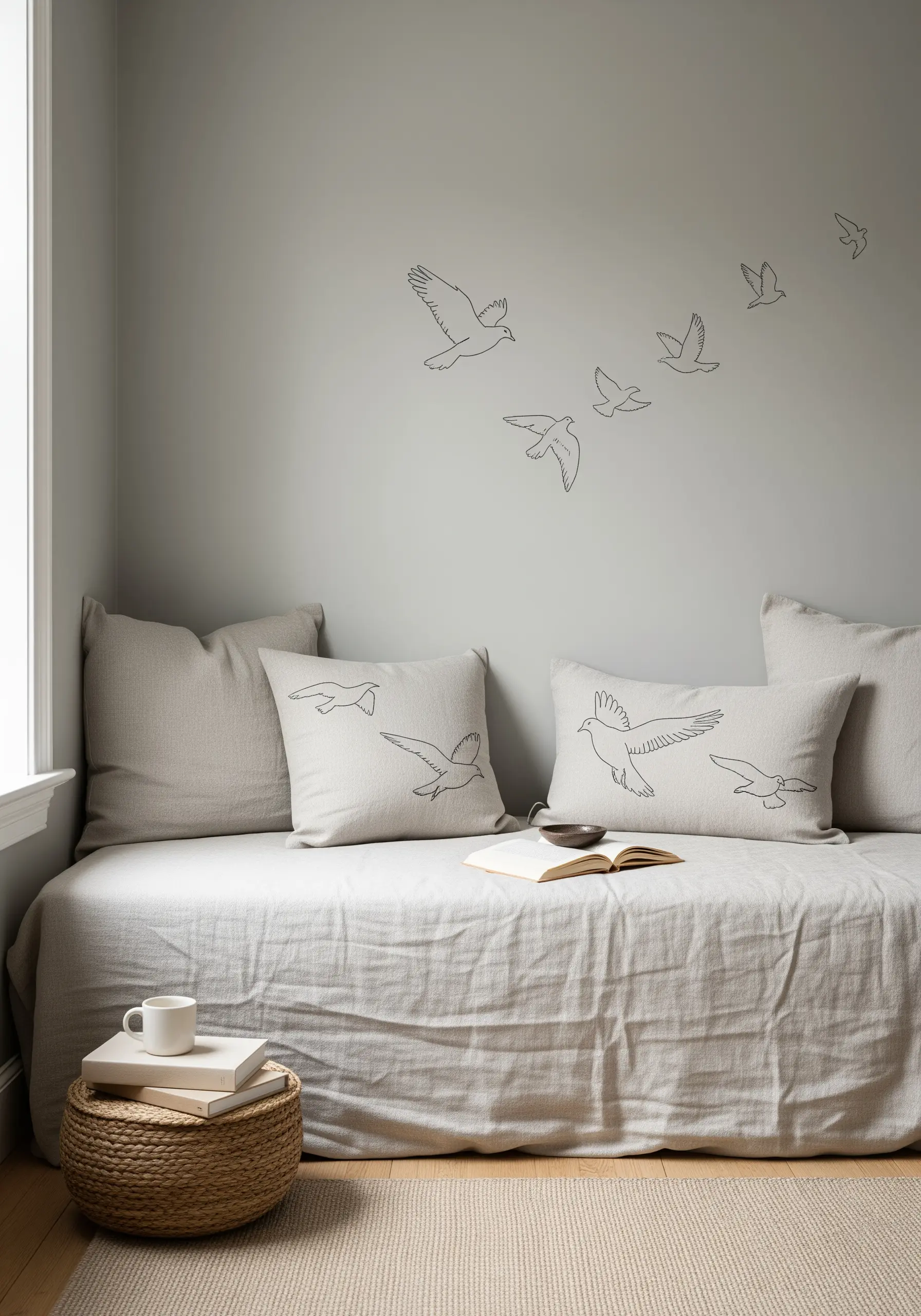 Minimalist line art embroidery of flying birds on neutral linen pillows.
