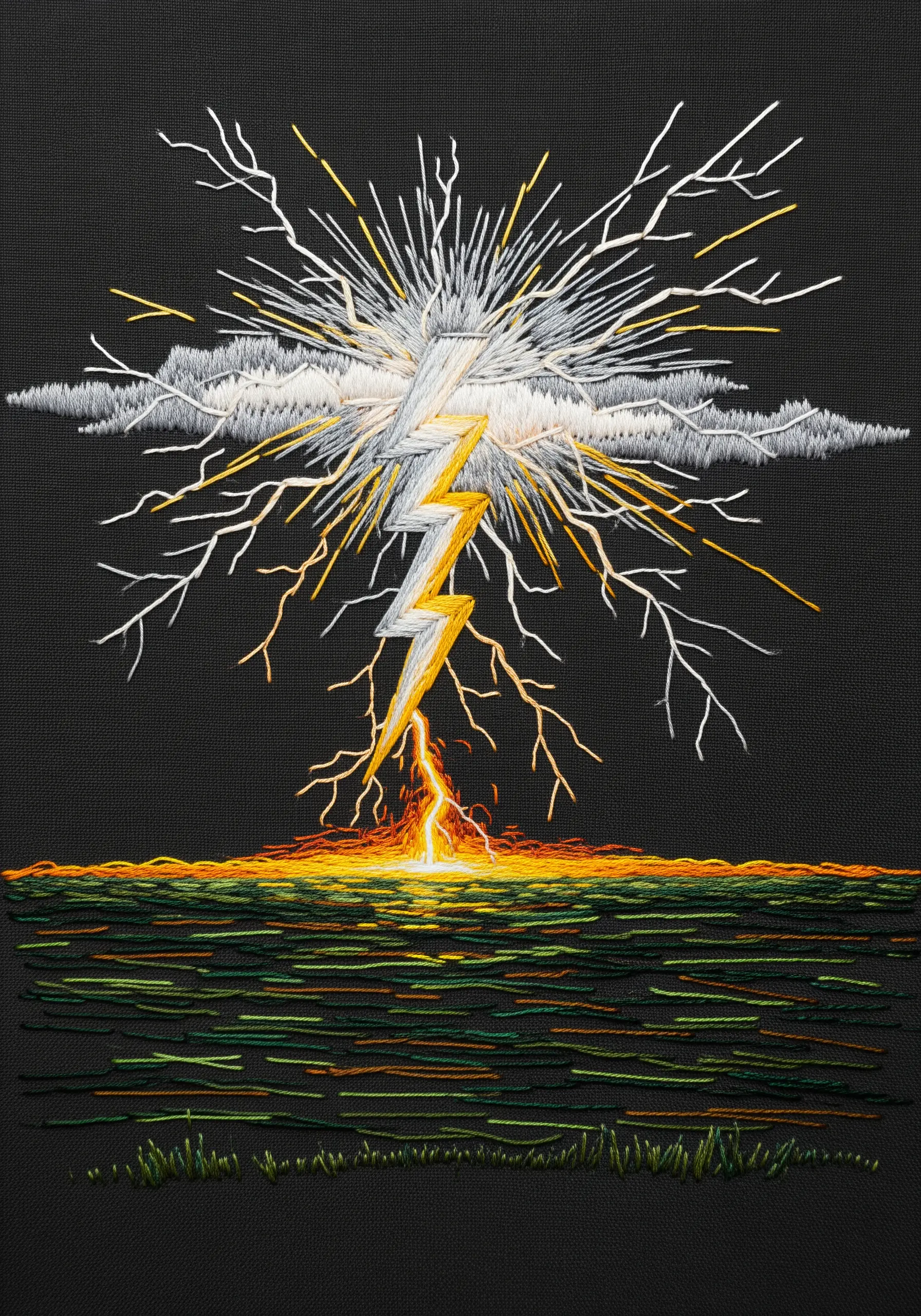 Dramatic embroidery of a lightning bolt striking the ground on a black background.
