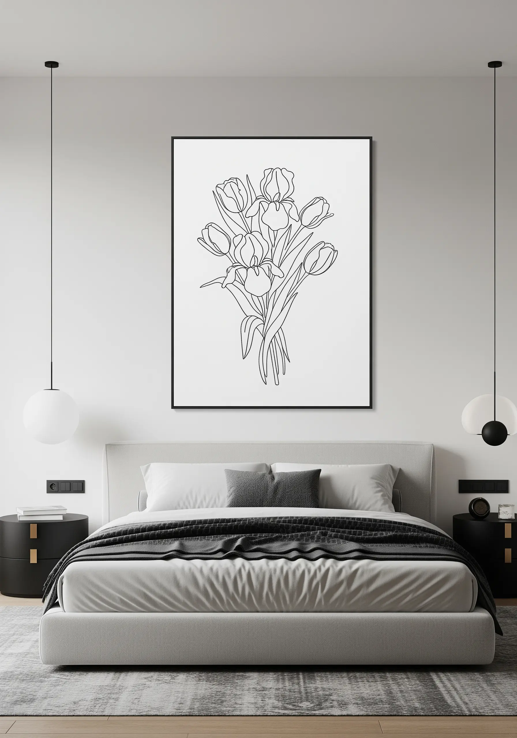 A large, framed single-line embroidery of a tulip and iris bouquet in a modern bedroom.