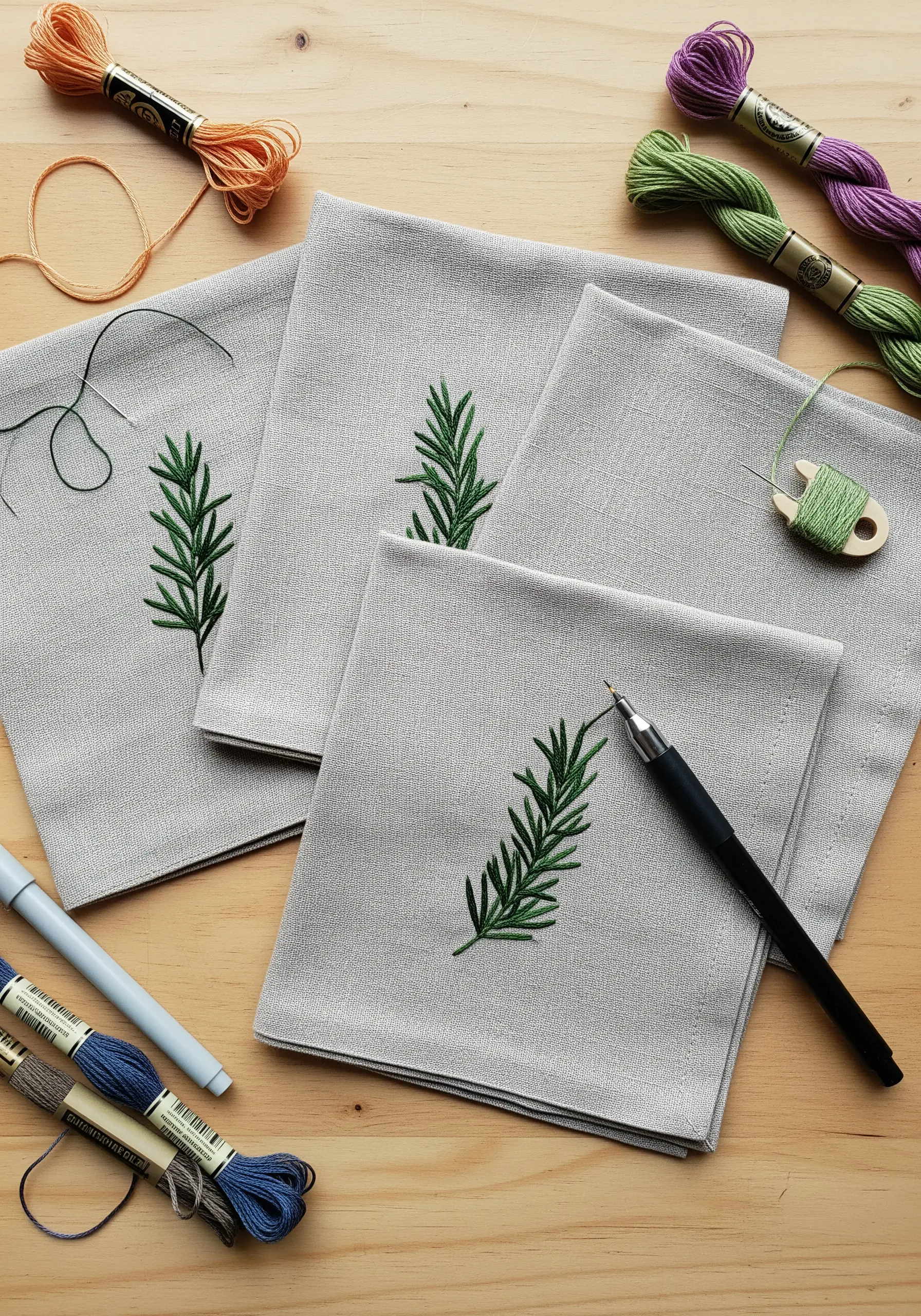Minimalist rosemary sprigs hand-embroidered onto light gray linen napkins.