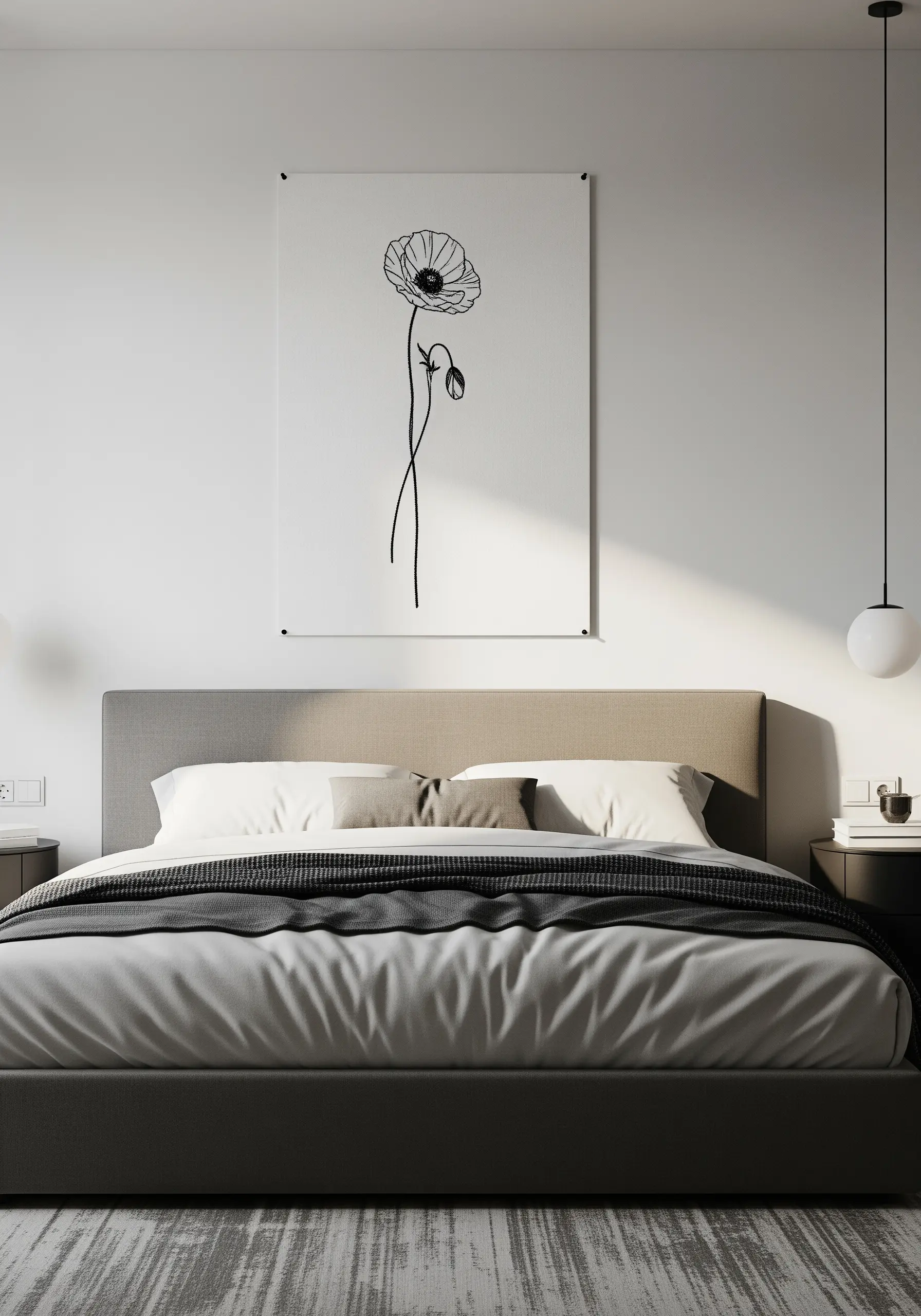 Minimalist black thread line art of a single poppy on a white canvas in a bedroom.