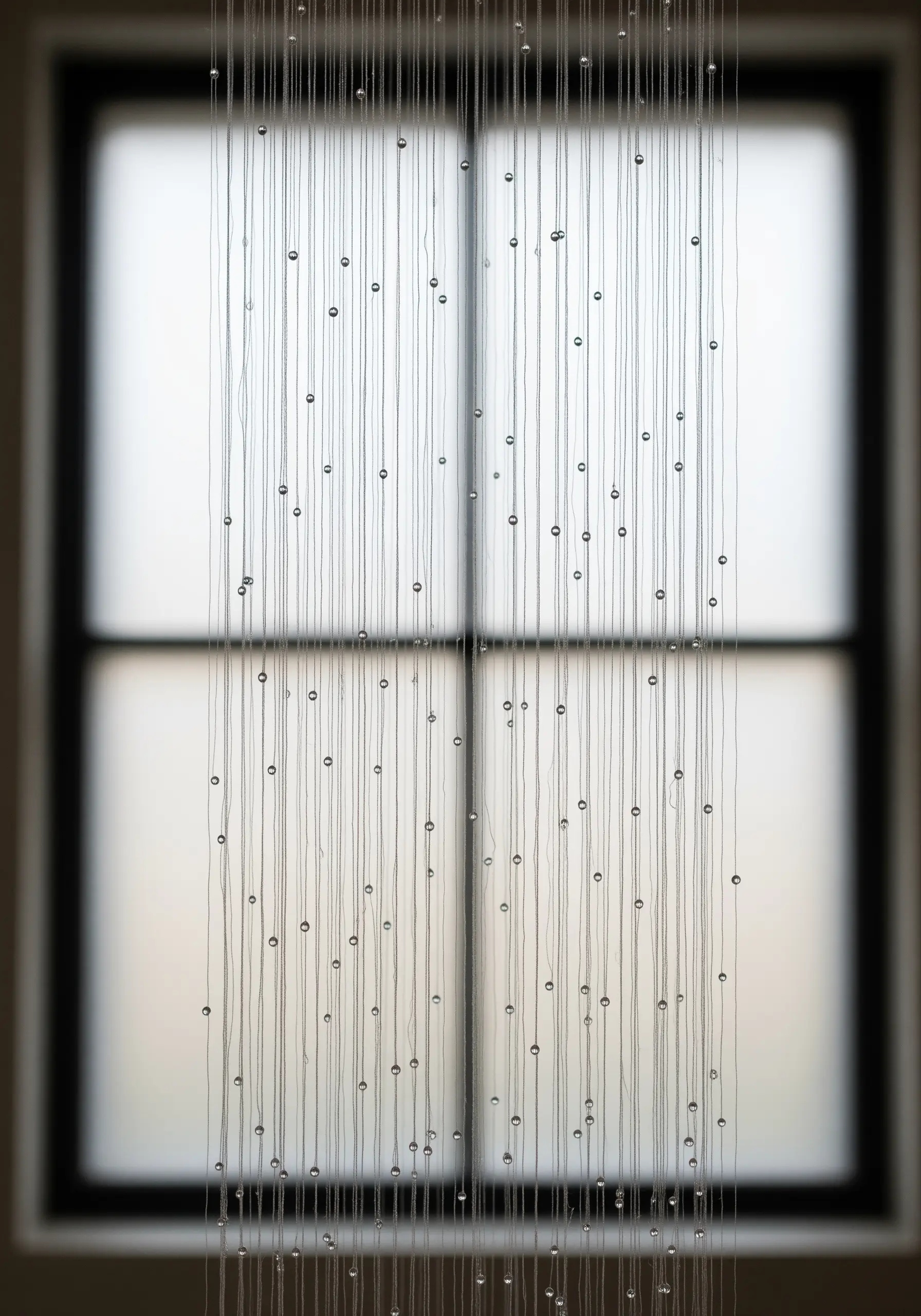 Delicate, transparent threads hanging in front of a window, each with a small, clear bead attached.