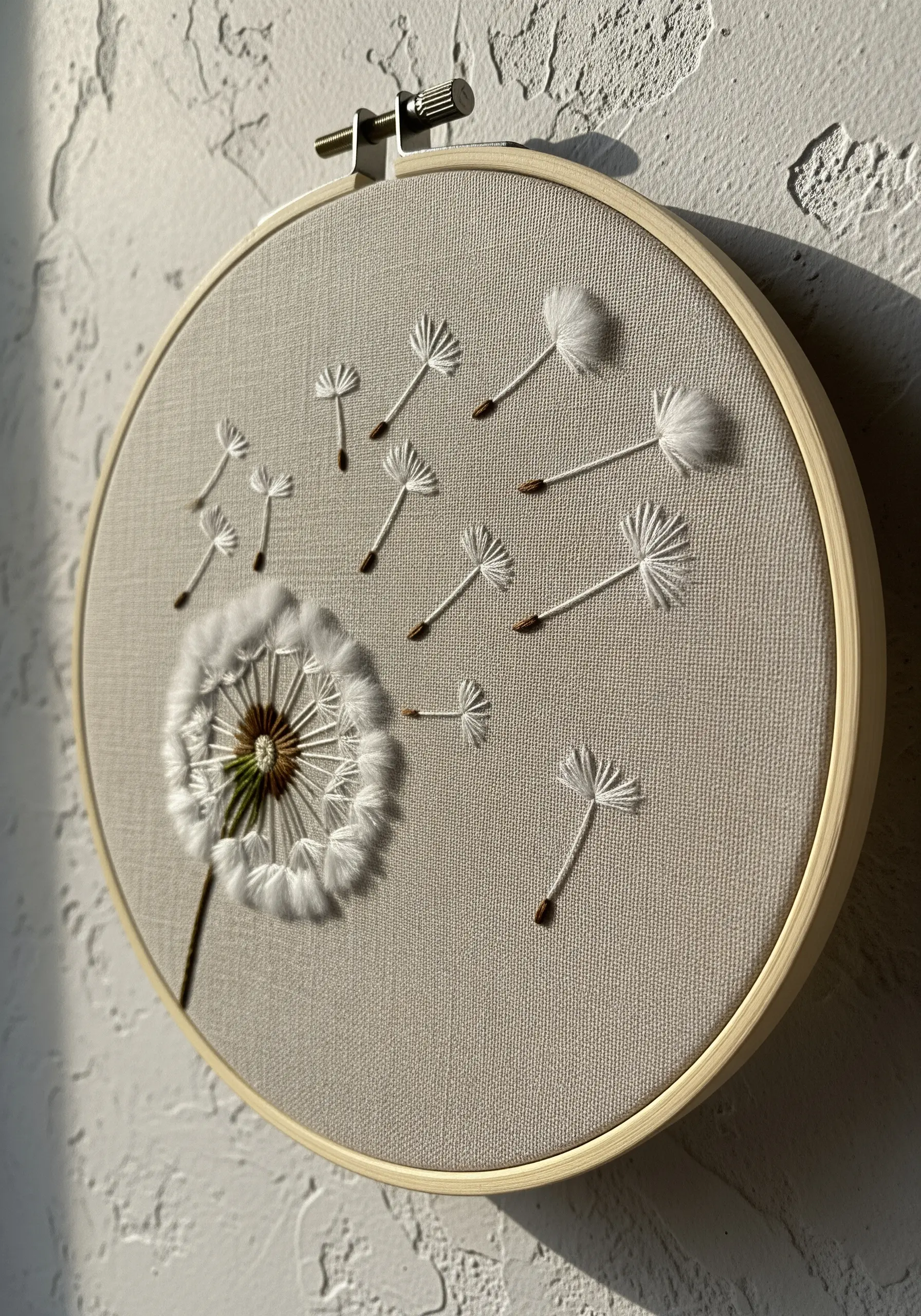 3D embroidered dandelion with fluffy seeds blowing away on a neutral fabric hoop.