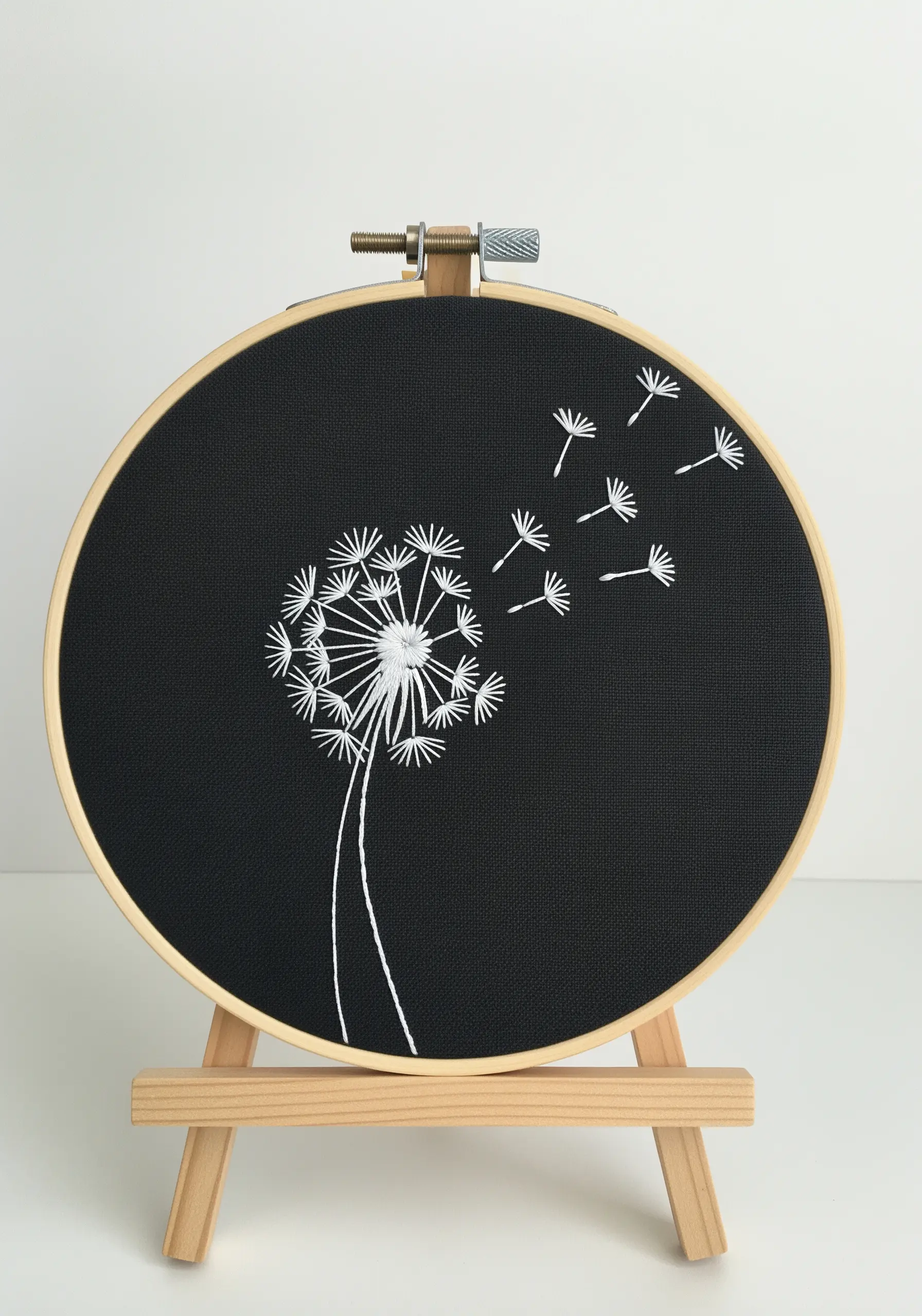 White thread embroidery of a dandelion blowing seeds on a black fabric background.