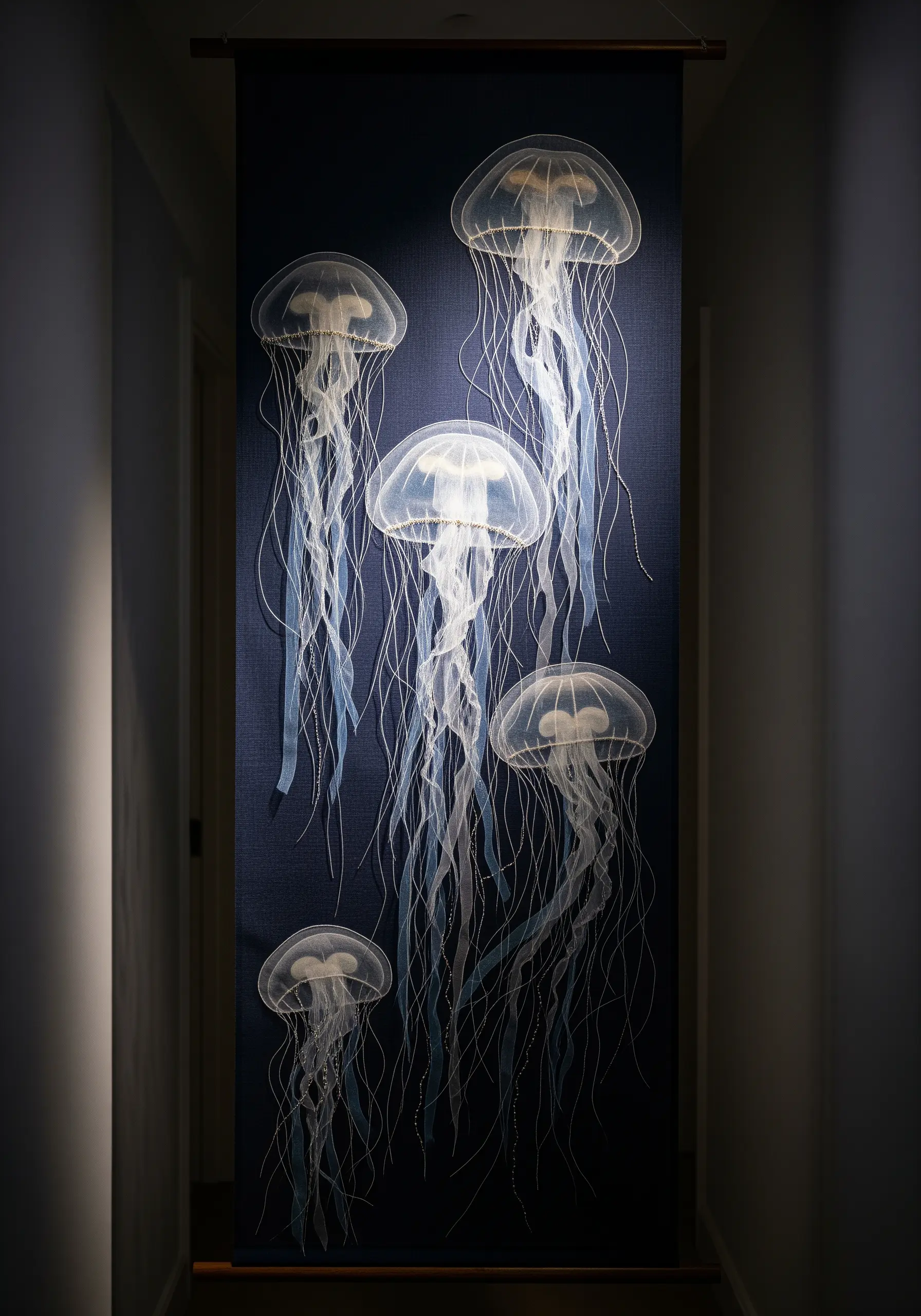 A large fabric wall hanging depicting translucent jellyfish made from sheer organza on dark blue fabric.
