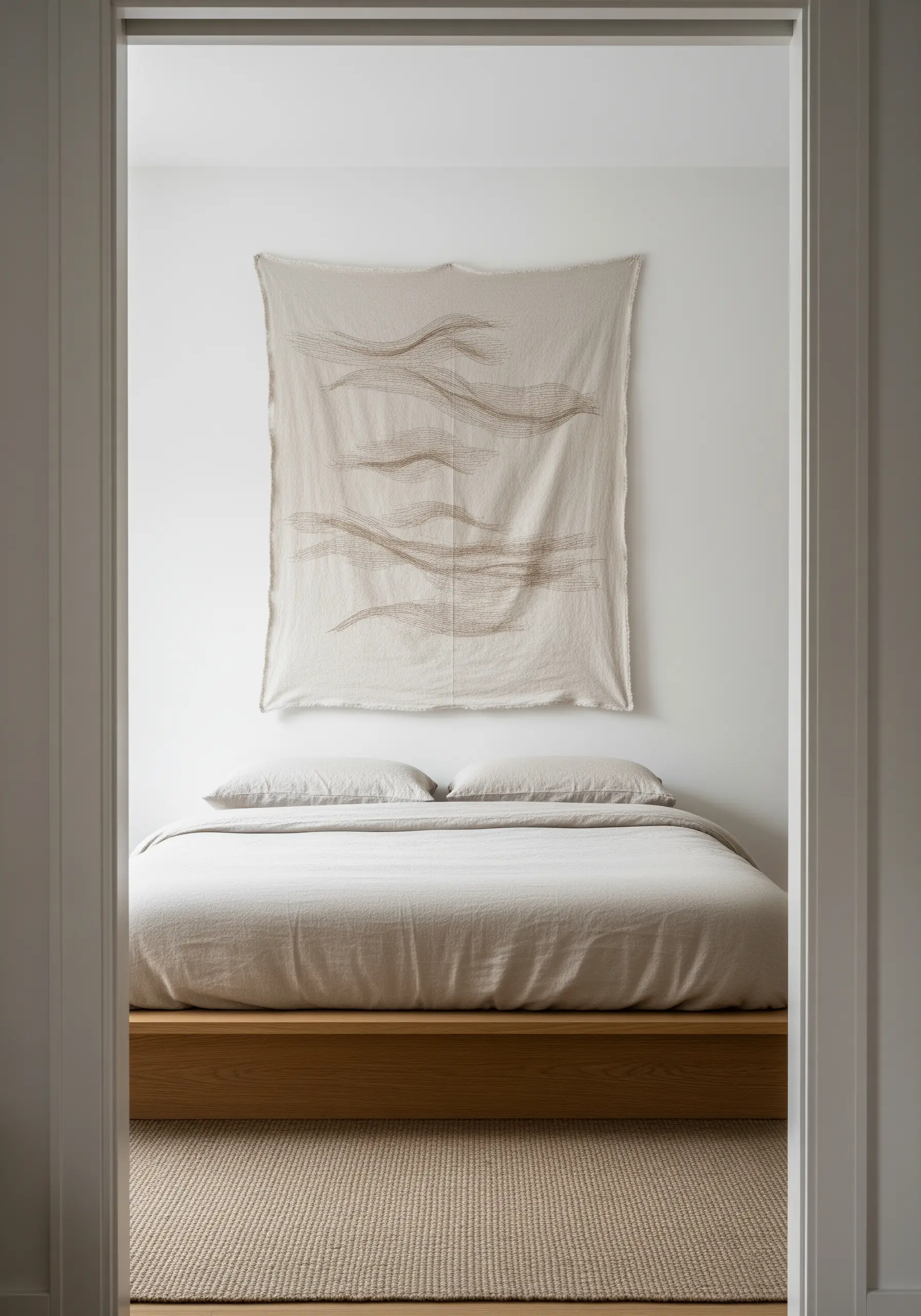 Abstract wave embroidery on a sheer, lightweight linen fabric hanging on a wall.